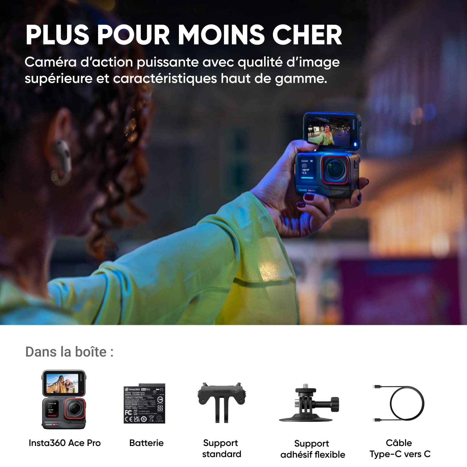 Insta360 Ace Pro - Caméra d'action étanche conçue avec Leica, capteur de 1/1,3", réduction du bruit par l'IA pour une qualité d'image inégalée, 4K 120ips, écran rabattable 2,4" et fonctionnalités d'IA