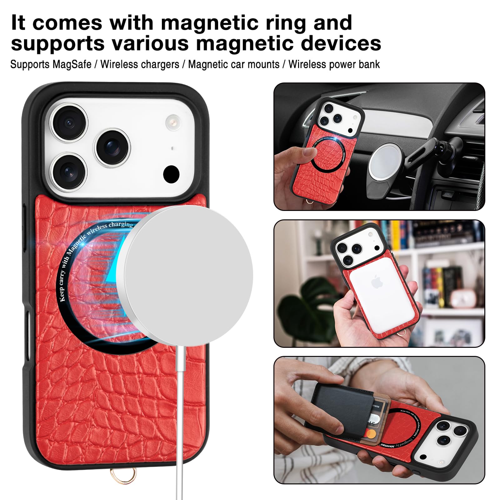 Hanman Funda para iPhone 17 Pro Max, funda de piel estilo cartera a prueba de golpes, 4 ranuras para tarjetas antirrobo RFID integradas y correa de muñeca desmontable, diseño magnético 2 en 1, color
