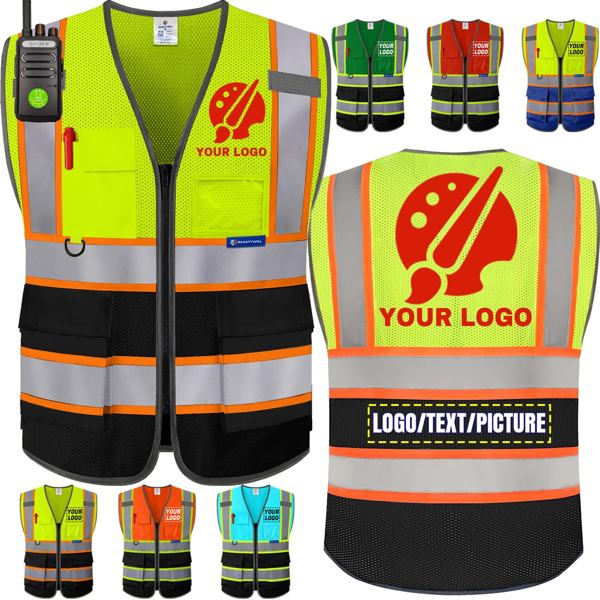BeautyWill Personalized Team Vest: Class 2 Hi-Vis Safety Vest for Men | Custom Logo & 5 Reflective Pockets