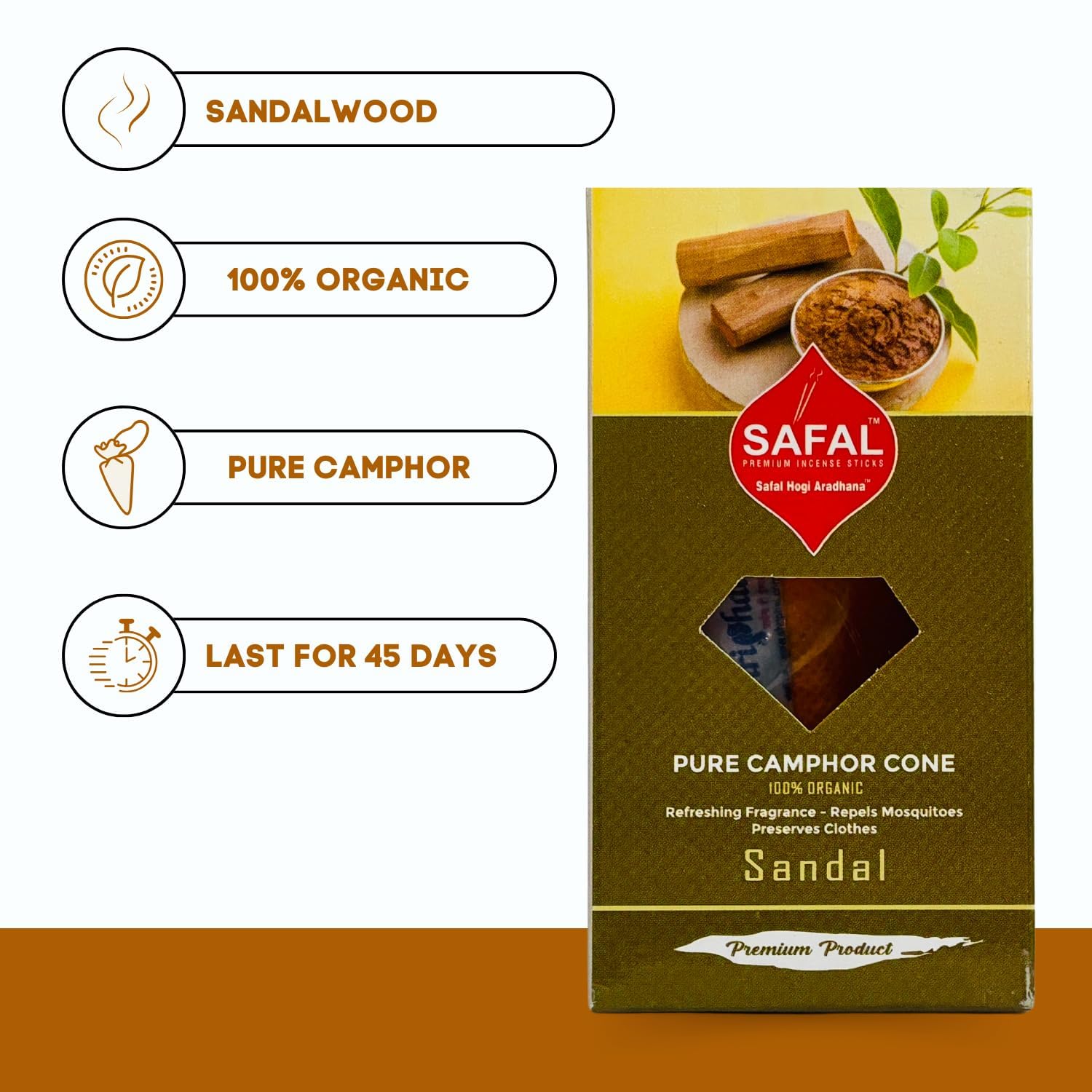 SAFAL Camphor Cone for Home | Camphor Pouch & Air Purifier Gift Box for Room, Car,Bathroom | Pack of 2 | Car Freshener | Sandalwood
