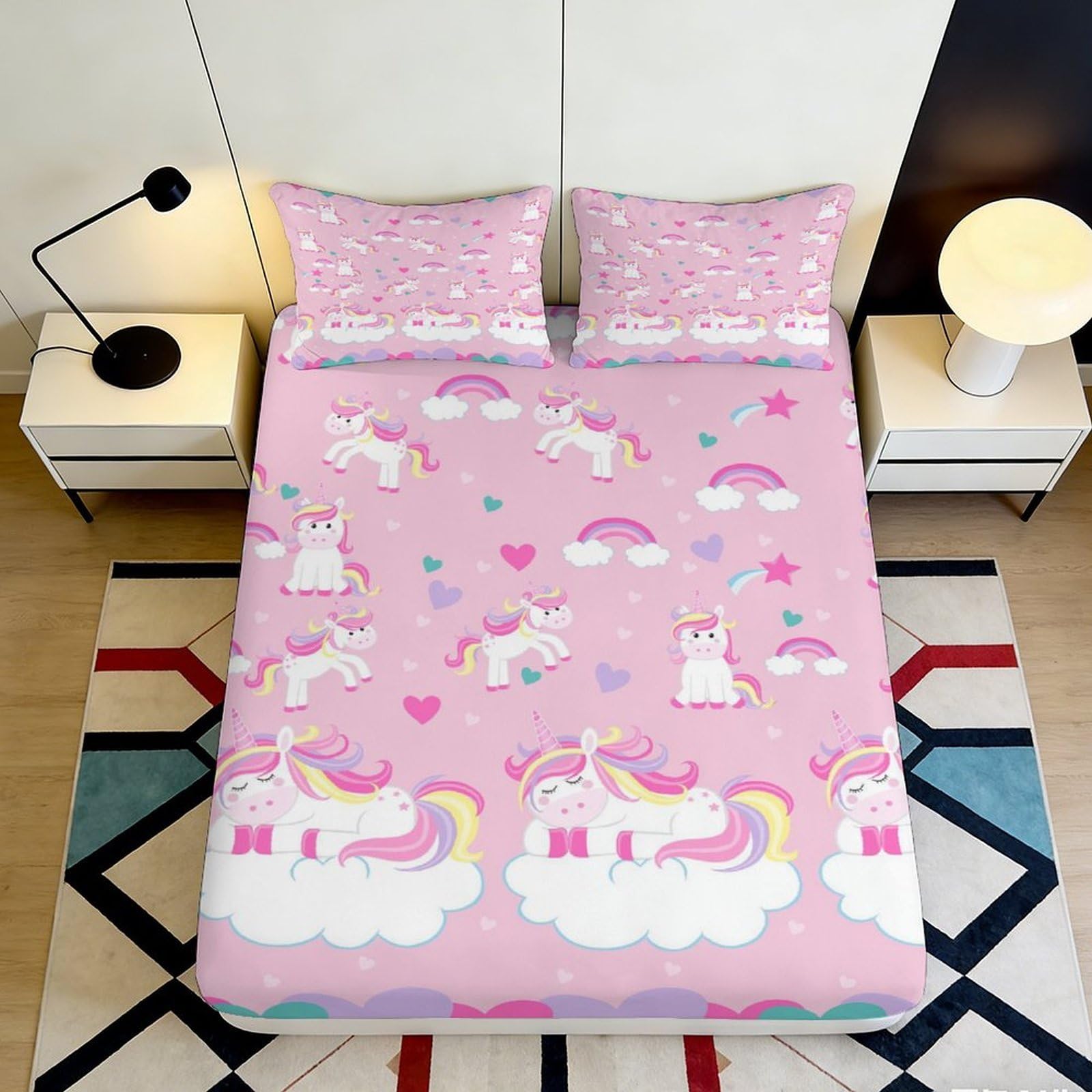 3D Printed unicorn Fitted Sheet pink Microfiber soft touch, wrinkle resistant, apartment bedding, non-slip, easy care for bedroom guest room decor 160x200x25cm