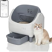 PeakPursuit Self Cleaning Cat Litter Box, Open-Top Automatic Cat Litter Box with APP Control, Odor-Free Waste Disposal Includes Trash Bags, 10.5L Large Waste Bin, for Multiple Cats, White/Grey