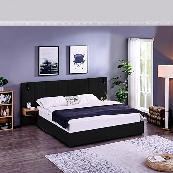 King Size Hydraulic Lift Up Storage Bed Frame, Velvet Upholstered Platform Bed with Wingback Headboard, 2 Shelves, 2 Reading Lamps and USB Port Wood Slats Support No Box Spring Needed Black, King