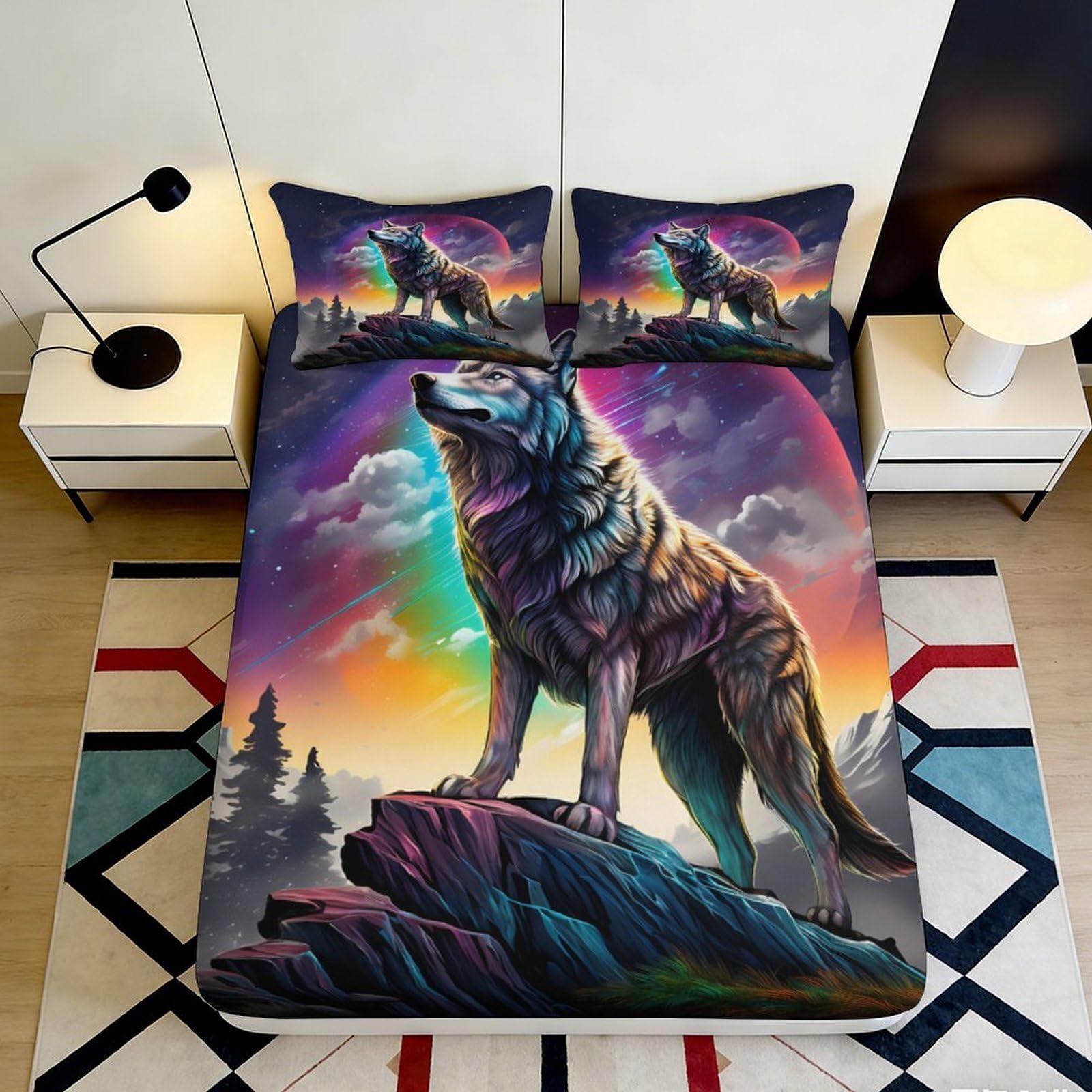3D Printed Wolf Moon Fitted Sheet Microfiber Vibrant Forest Bed Cover Bedroom Dorm Mattress Protection Decor 90x200x25cm
