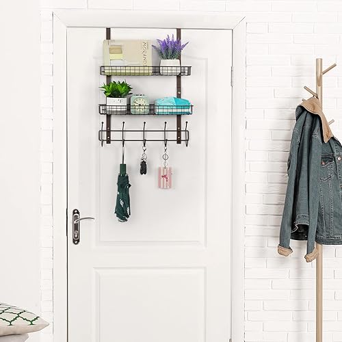 Miniatura 6 de OYEAL Perchero para colgar sobre la puerta con 5 ganchos, 2 cestas de acero, resistente y duradero, para toallas, organizador colgante para el