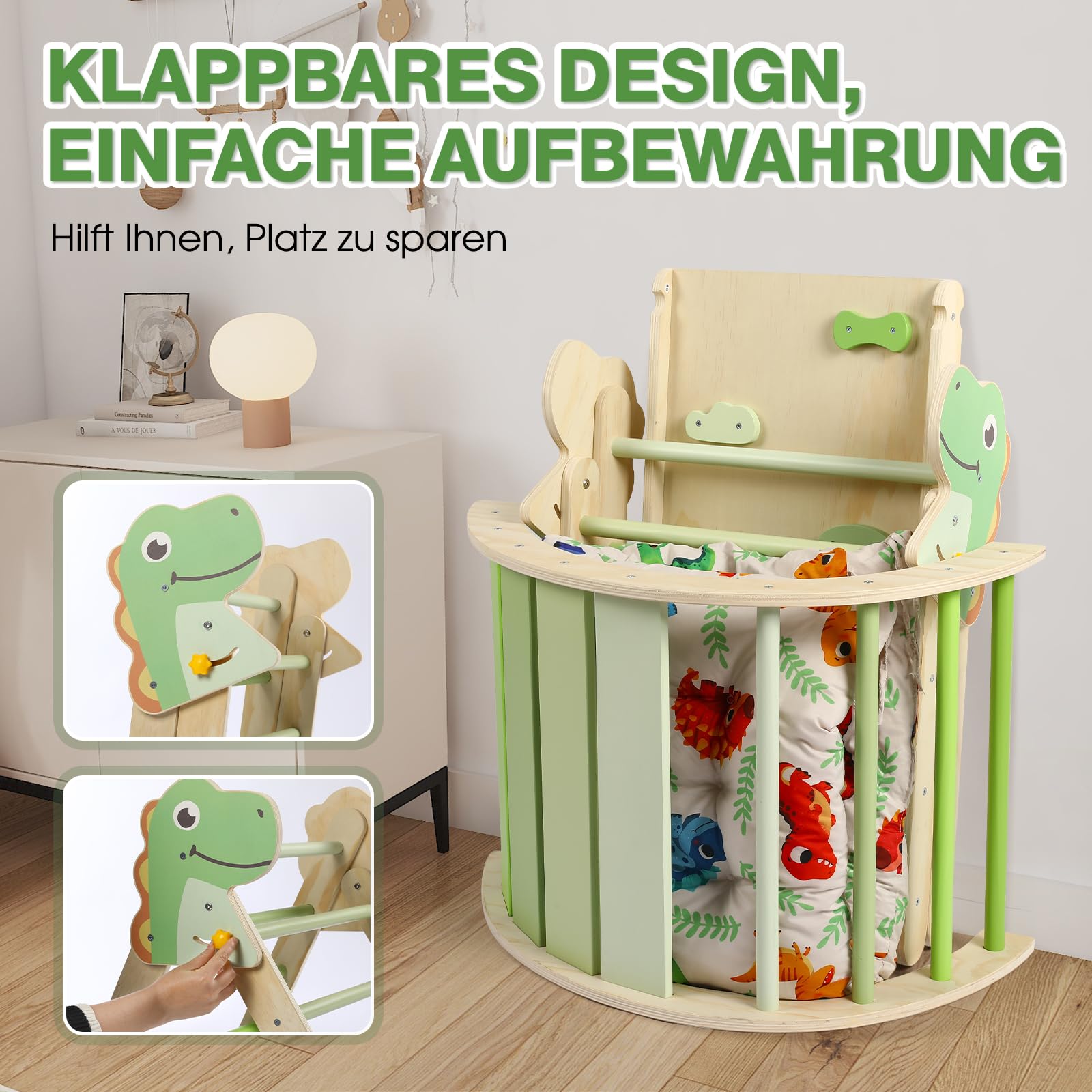 7-in-1 Montessori Kletterdreieck Set mit Rutsche, Kletterbogen & weichem Kissen – Holz Klettergerüst für Babys & Kleinkinder, Indoor Spielgerät, faltbar & sicher (Dinosaur)