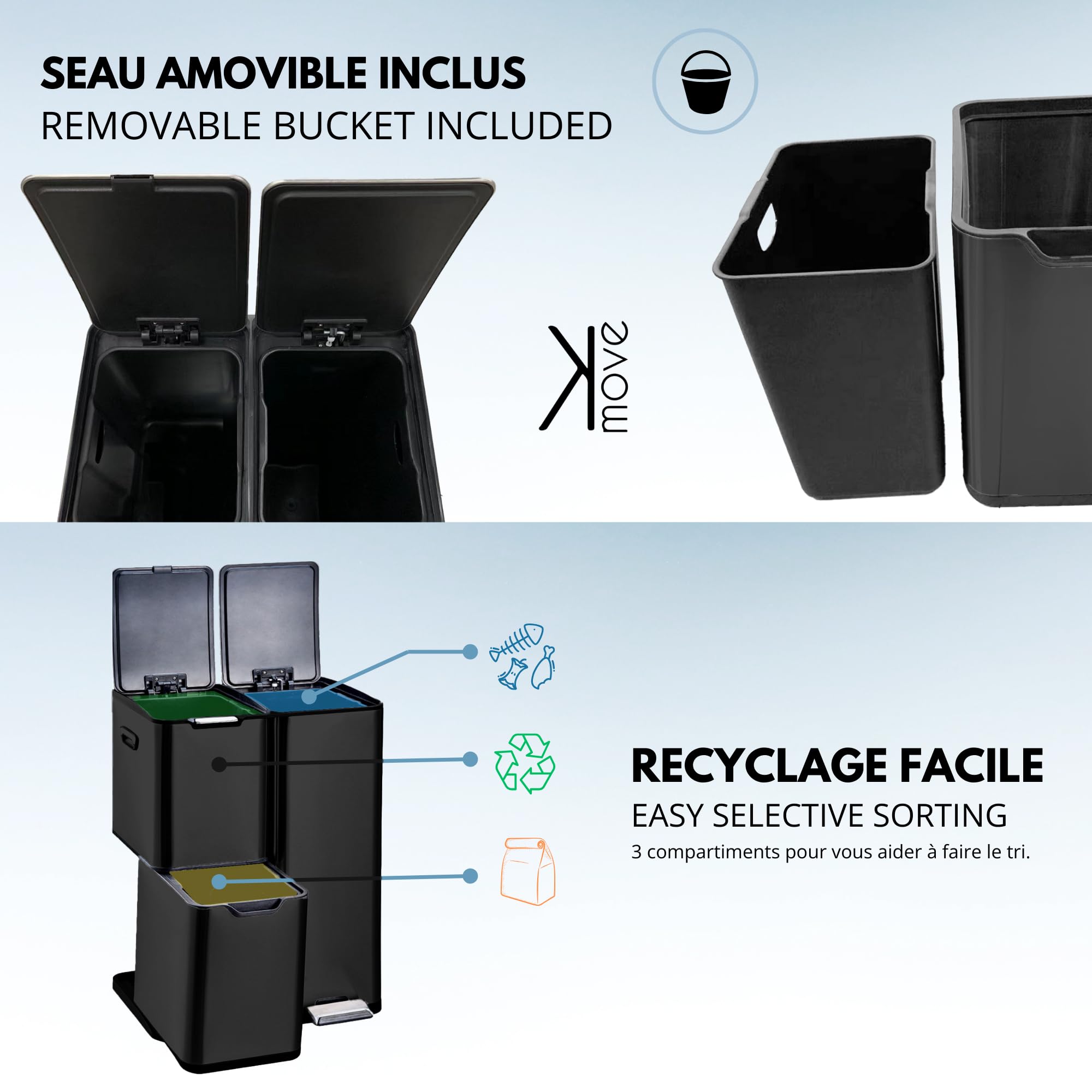 KITCHEN MOVE Poubelle de cuisine à pédale tri sélectif recyclage 60L(13+17+30L) HAJA en acier Inox Noir avec seau