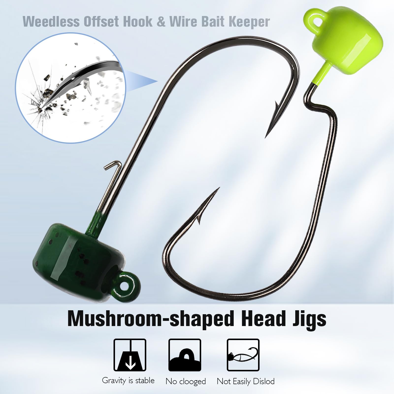 Dovesun 64pcs Ned Rig Jig Heads, Ned Rig Hooks with Soft Lures Kit Weedless Jig Head Floating Fishing Worms Mushroom Jig Heads for Bass Fishing Ned Rig Kit