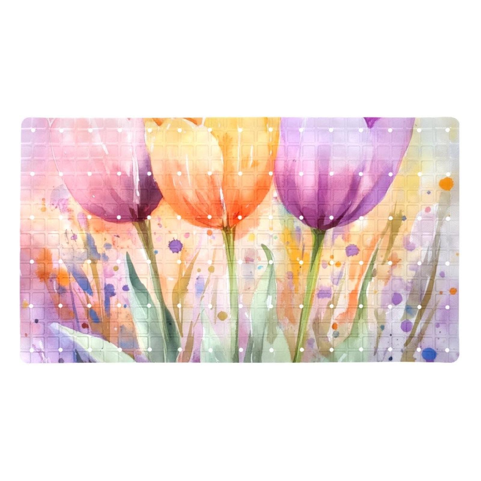 Badematte für Badewanne, Motiv: Aquarell-Blumen, rutschfest, rechteckig, Duschmatte mit Saugnäpfen, maschinenwaschbar, Badezimmermatte, 39,9 x 70,9 cm