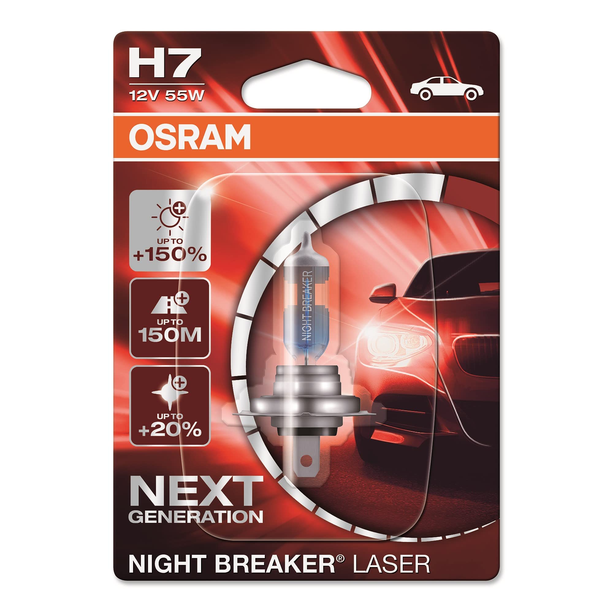 Osram H7 PX26d Night Breaker Laser Next Generation Halogen Headlight Lamp with Folding Box, 12V, 55W