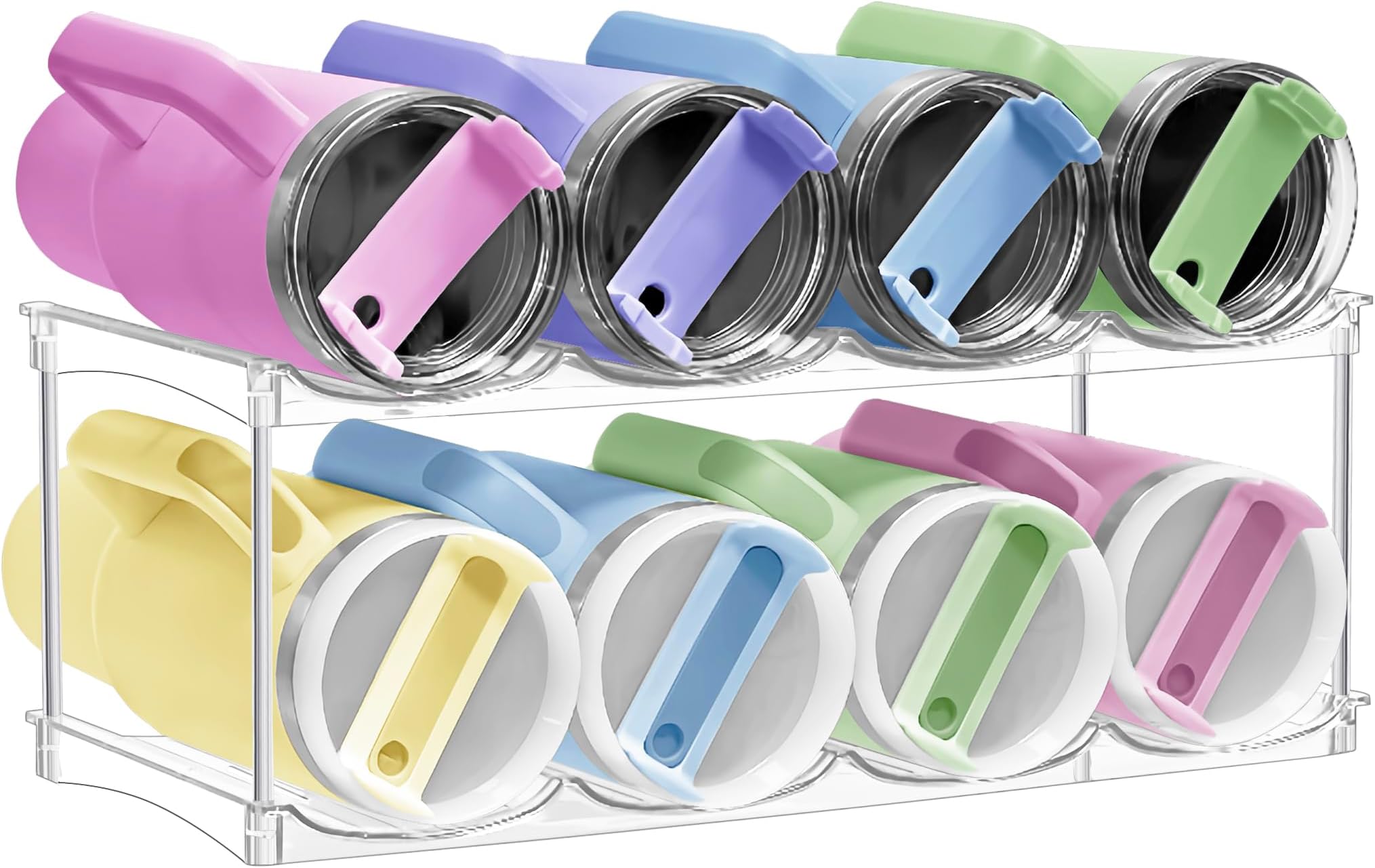 Stackable Water Bottle Organizer for Stanley 40oz Tumblers โ Acrylic Water Bottle Holder for Cabinet, Pantry, Large Tumbler Organizer Storage Rack, Stanley Cup Storage, 2 Tier, Holds 8 Bottles