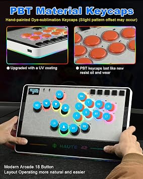 Haute42 Leverless Controller Arcade Stick: Haute42 C-AT White Leverless Arcade Stick for Street Fight PC/PS3/PS4/Switch Game, Arcade Controller with Cable Security Clasp & Turbo Support Hot Swap