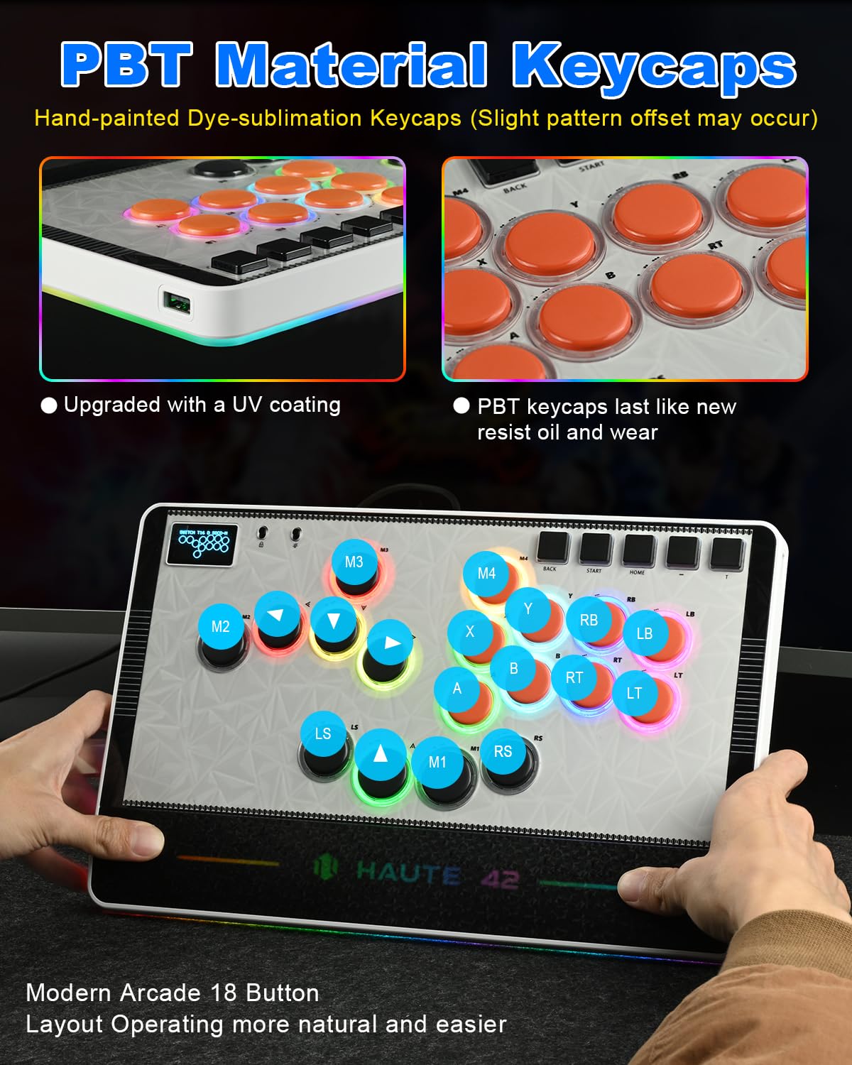 Haute42 - Mando sin palanca para juegos de arcade Haute42 C-AT blanco sin palanca, para PC/PS3/PS4/Switch Game, controlador de arcade con cierre de seguridad de cable y soporte TURBO Hot Swap y SOCD