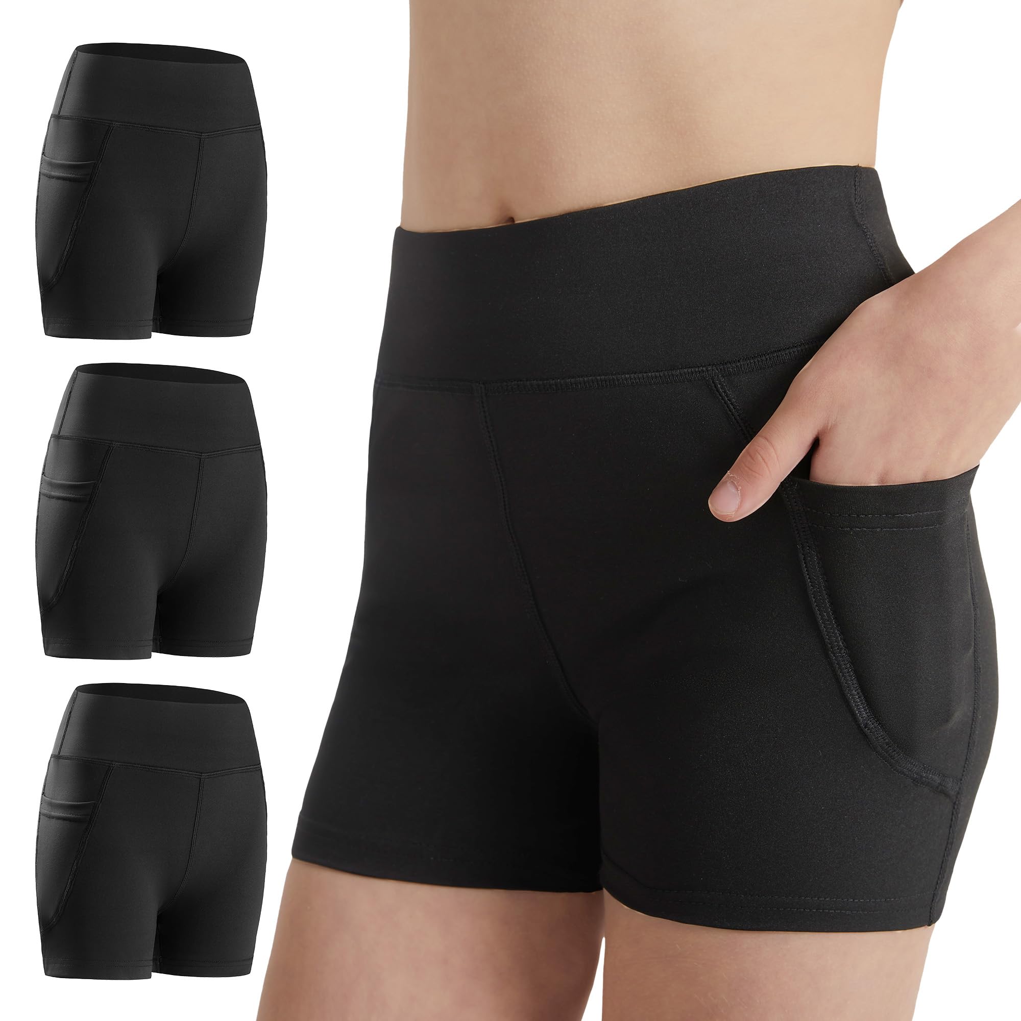 DIPUG Girls Volleyball Shorts 3 Pack with Pockets Kids High Waist Biker Shorts for Dance Yoga Cheer Gymnastics