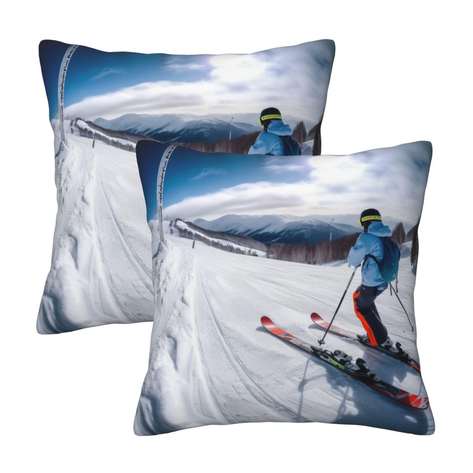 Winter Skiing Throw Pillow Cases 2 Pack Square Pillowcases Soft Pillow Protectors for Couch Livingroom Sofa Bed Office Car,30x30 CM