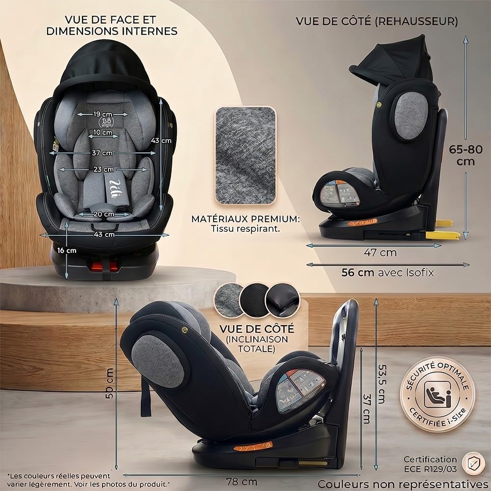 Siège-auto Pivotant 360° ZELI - i-Size Évolutif 40 à 150 cm (0-36 kg) - Isofix & Top Tether Noir avec canopy