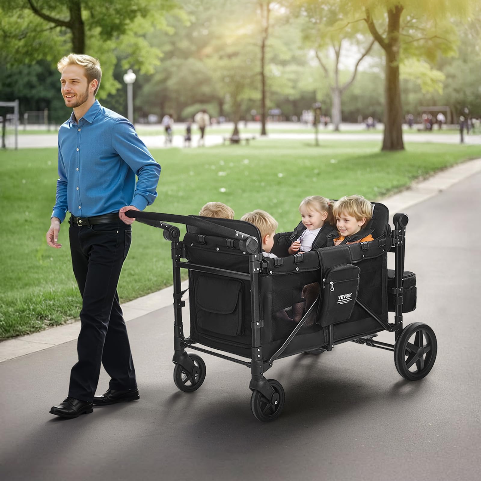 VEVOR Passeggino a Quattro Posti per 4 Bambini, Pieghevole con Maniglia Regolabile, Imbracatura di Sicurezza Tettuccio Rimovibile, Passeggino Bambini Comodo Resistente, Nero, Carico 150 kg