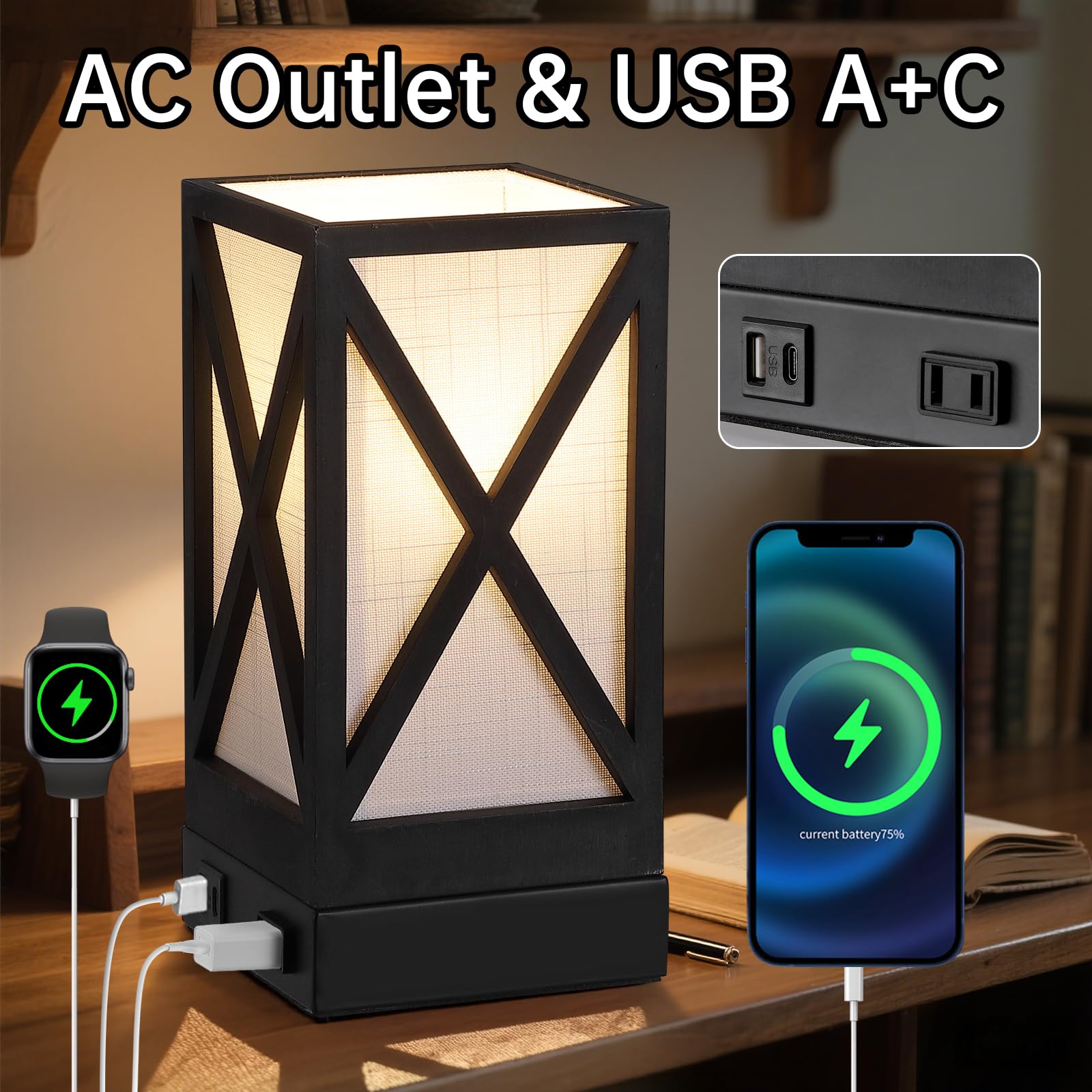 Tischlampe, rustikale Bauernhaus-Nachttisch-Lampen, 3 Farbtemperaturen, Schreibtischlampe mit USB-Ladeanschlüssen, AC-Steckdose, Vintage-Lampe für Wohnzimmer, Schlafzimmer, Schwarz, 2 Stück