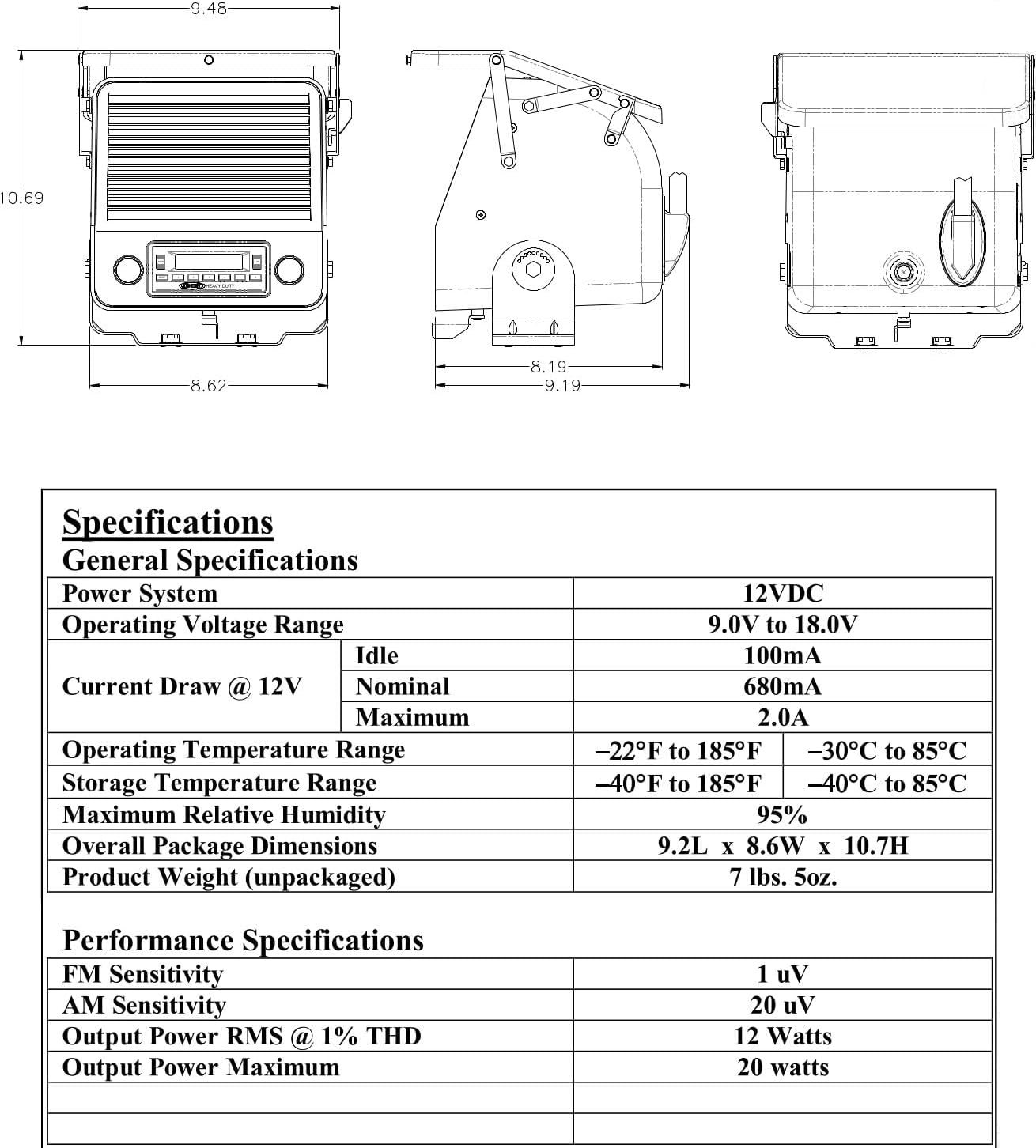 Jensen TRA4500 dimensions diagram showing front, side, and top views med målinger.