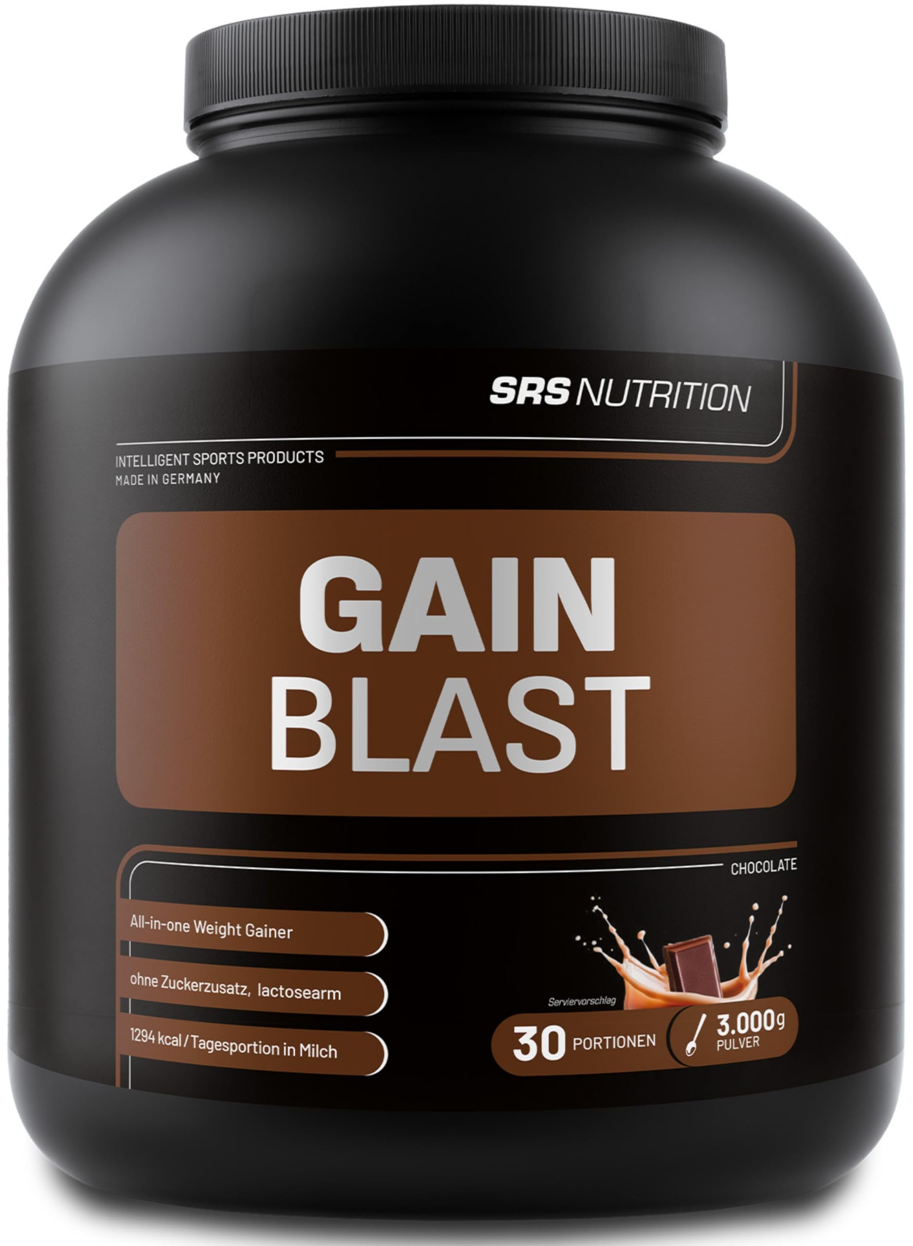 SRS Muscle - Gain Blast XXL, 3.000 g, Schoko | Premium All-in-one Weight Gainer | 65:35 Ratio | ausschließlich natives Whey Isolat als Proteinquelle | ohne Aspartam | deutsche Premiumqualität