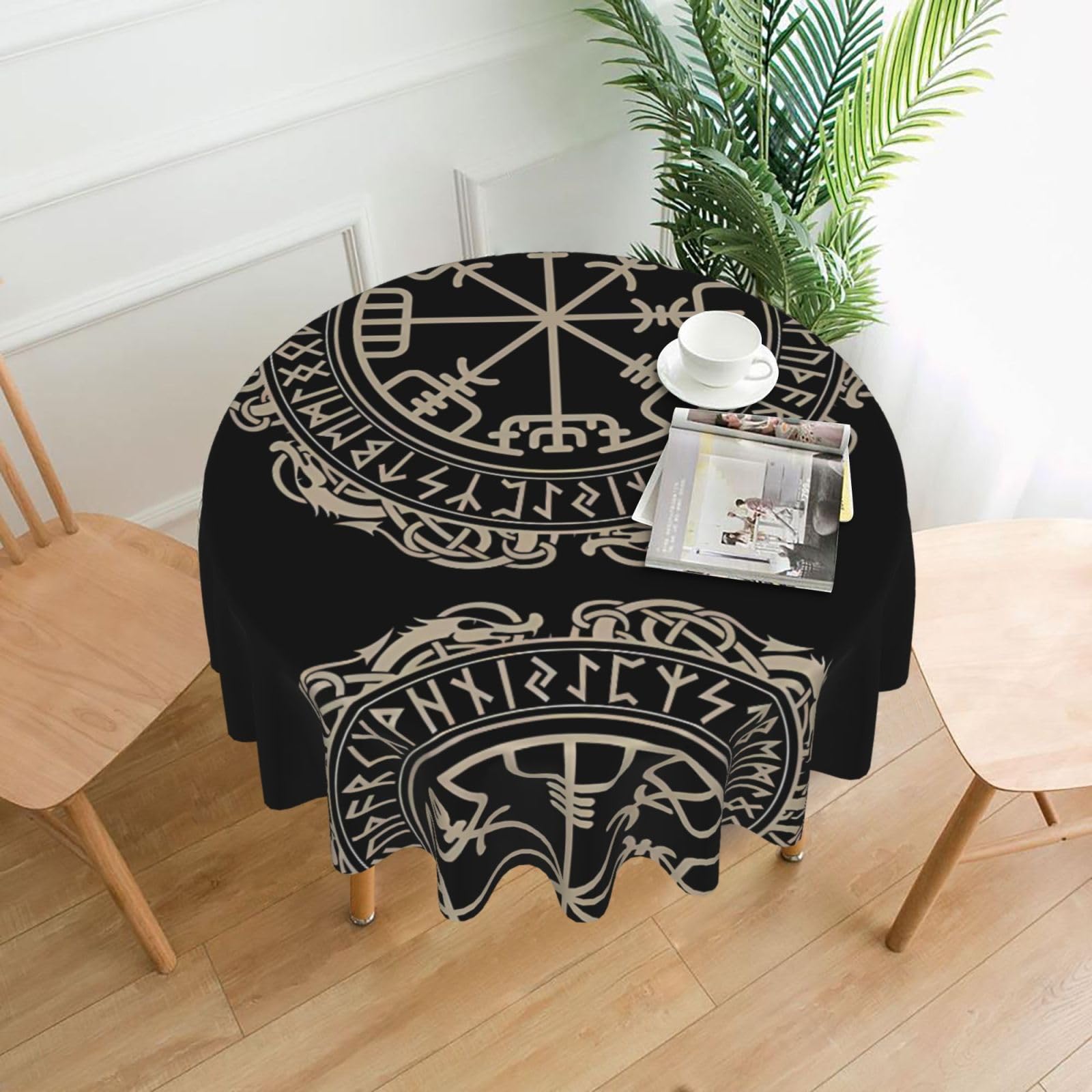 WHJSSF Magical Design Norse Runes Compass Prints Round Decorative Table Throw 60 Inch – Waterproof Table Cover for Dining, Coffee Tables, and Outdoor Events