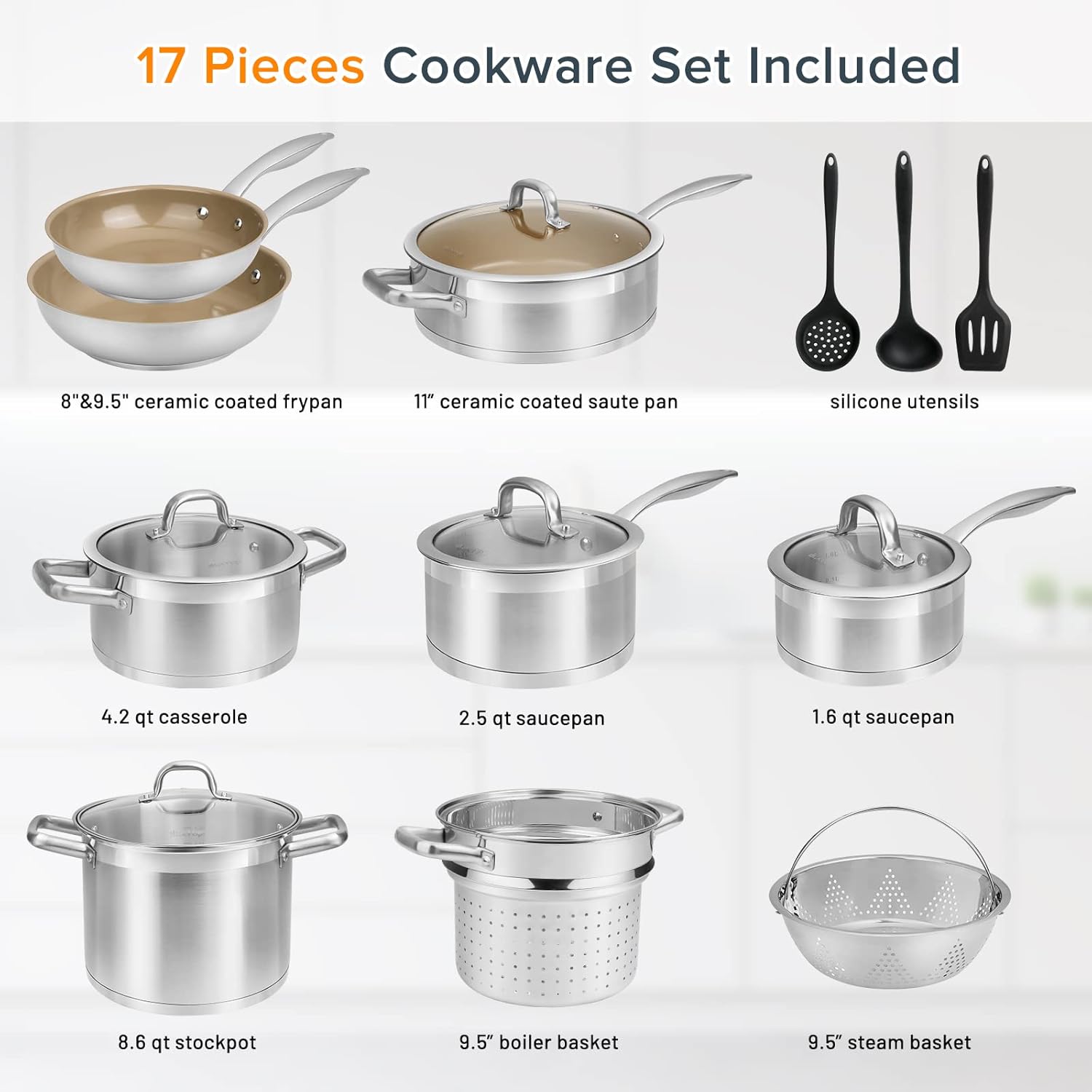Duxtop 17PC Professional Stainless Steel Induction Cookware Set, Stainless Steel Ceramic Nonstick Pan Set, Impact-bonded Technology, FUSION Titanium Reinforced Ceramic Coating, Brown - Image 6