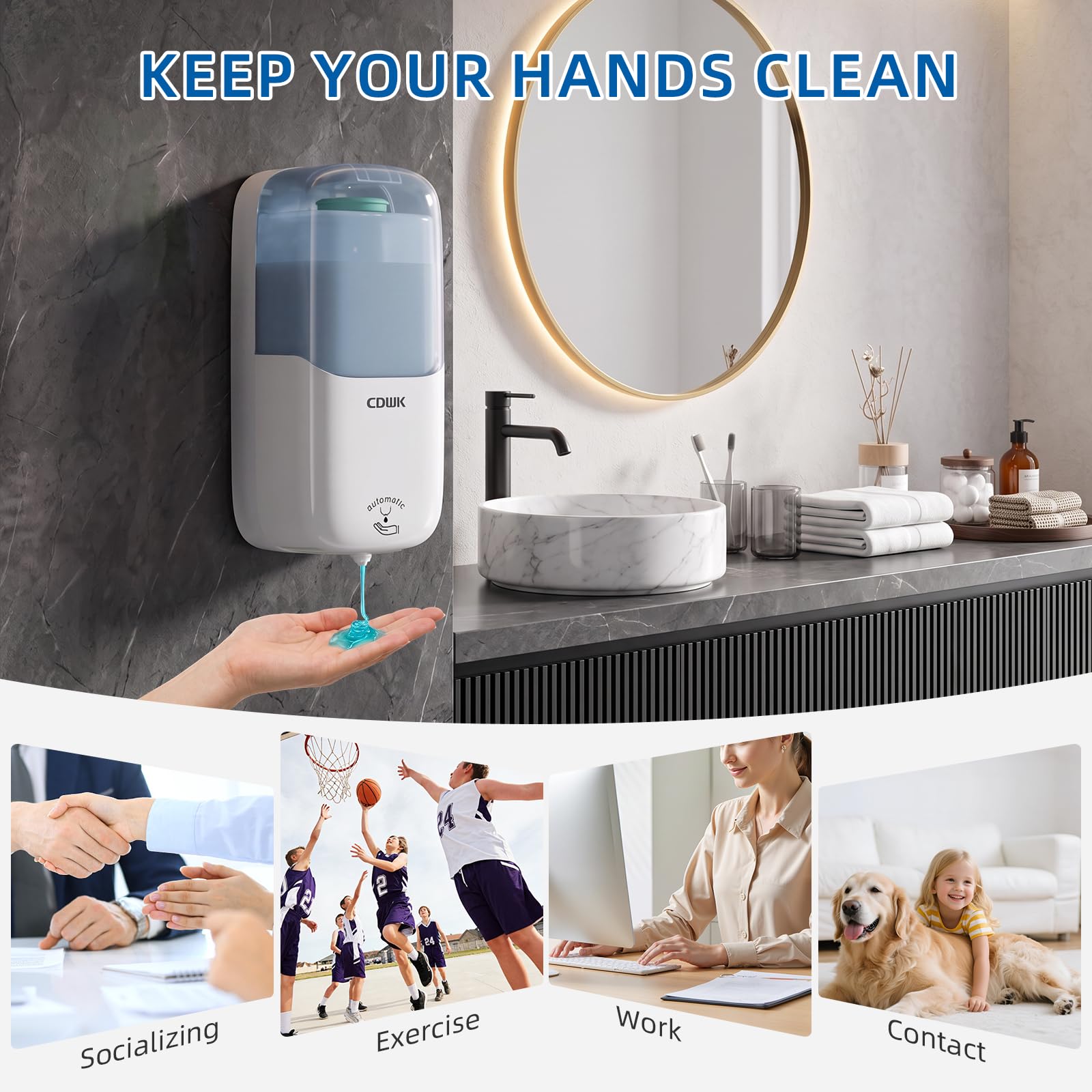 Dispensador automático de jabón, montaje en pared de 33.8 onzas, sin contacto, a prueba de fugas | Desinfectante líquido de manos de 1000 ml, impermeable, comercial, hogar, cocina, baño, hospital, hotel, restaurante, oficina