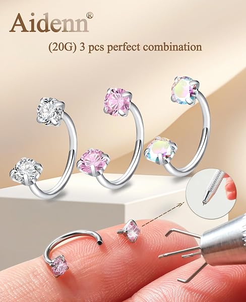 Aidenn 20G Hufeisen Nasenpiercing für Damen, 6-8 mm Nasenring Piercing Schmuck Set gold & silber, doppelter CZ Hufeisen Ringe, chirurgischer Stahl für Helix, Tragus, Labret Lippenpiercing - 4