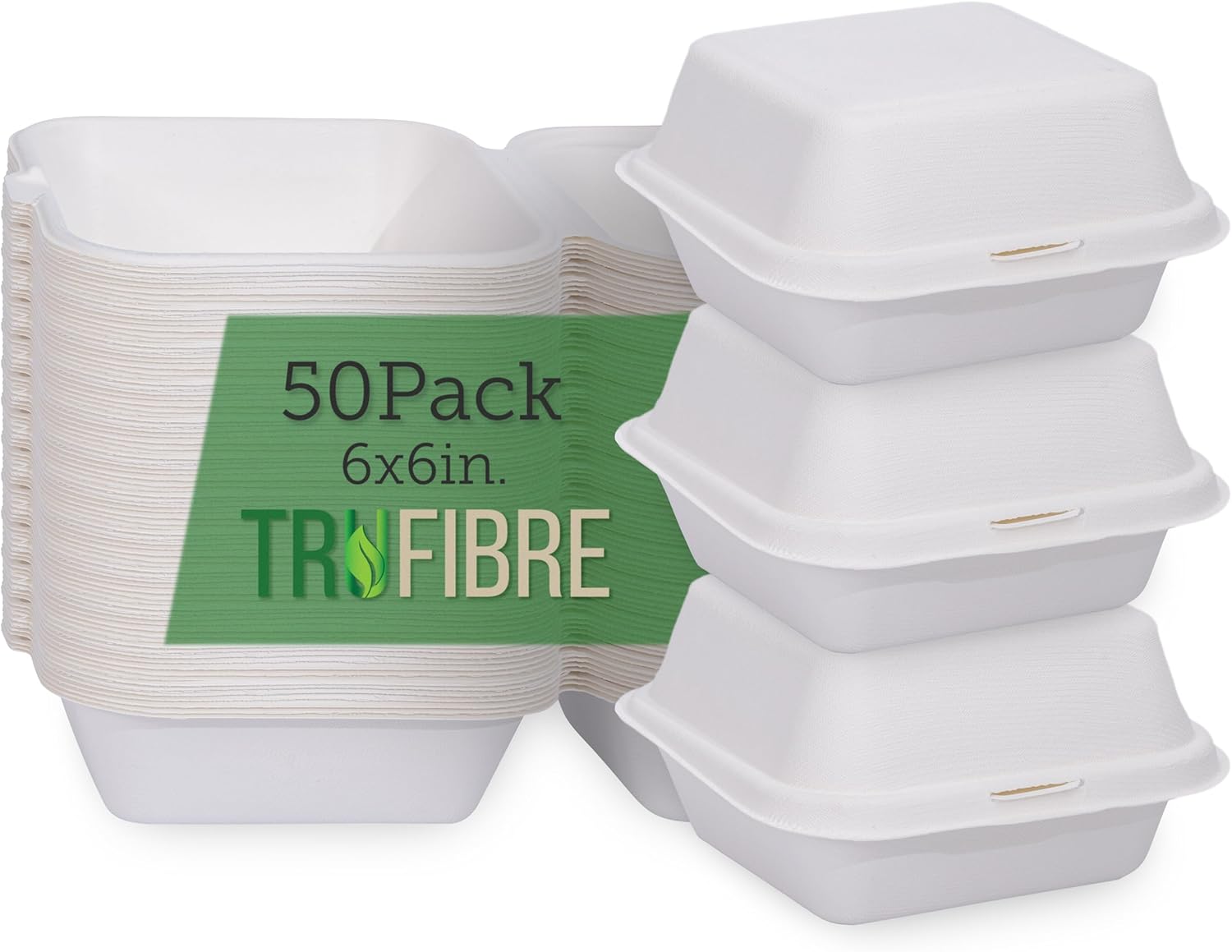 TruFibre 50Pack 6x6 Inch White Disposable Clamshell Food