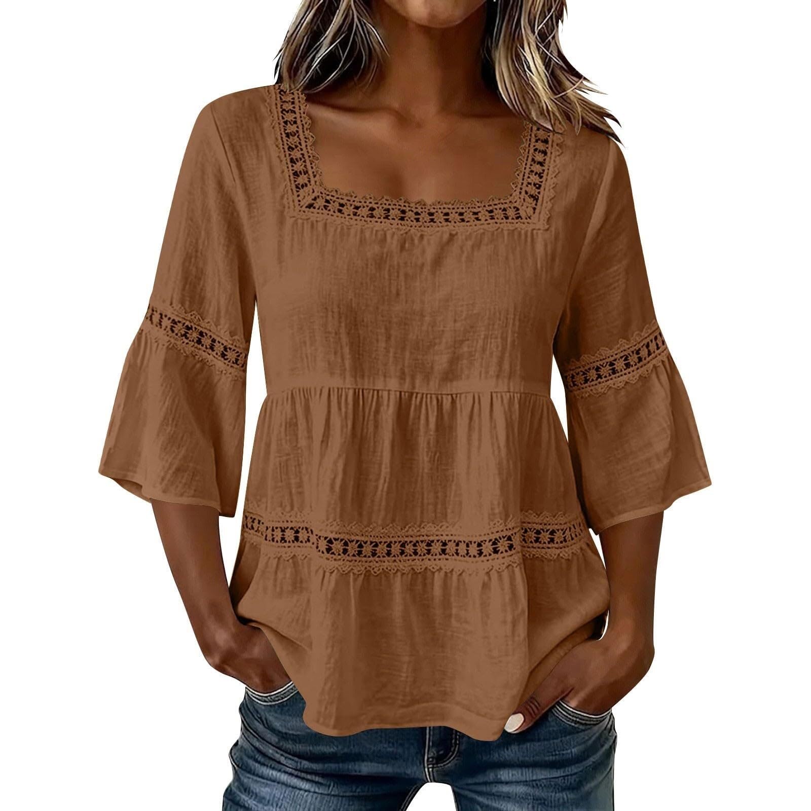 Camicetta da donna con maniche a 3/4, in lino, scollo quadrato, in pizzo, da spiaggia | Materiale arioso in cotone e lino, elegante scollo quadrato, dettagli in pizzo femminile