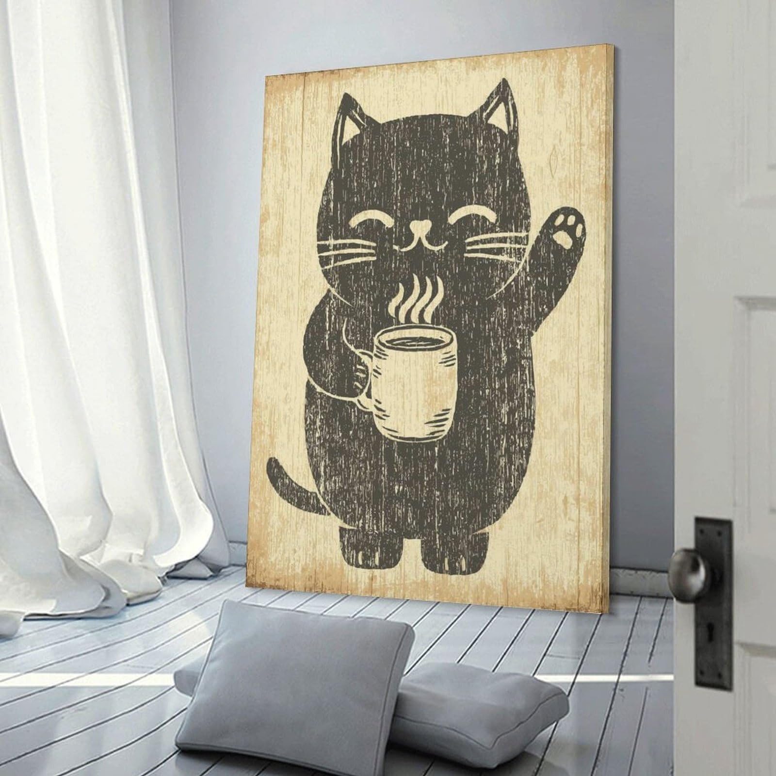 Junmoney Home Decor Wall Art Cat with Coffee Cup Illustration, 16x24inch(40x60cm), for New Homes, Bedrooms Or Workspaces, Decorative Present for New Homes