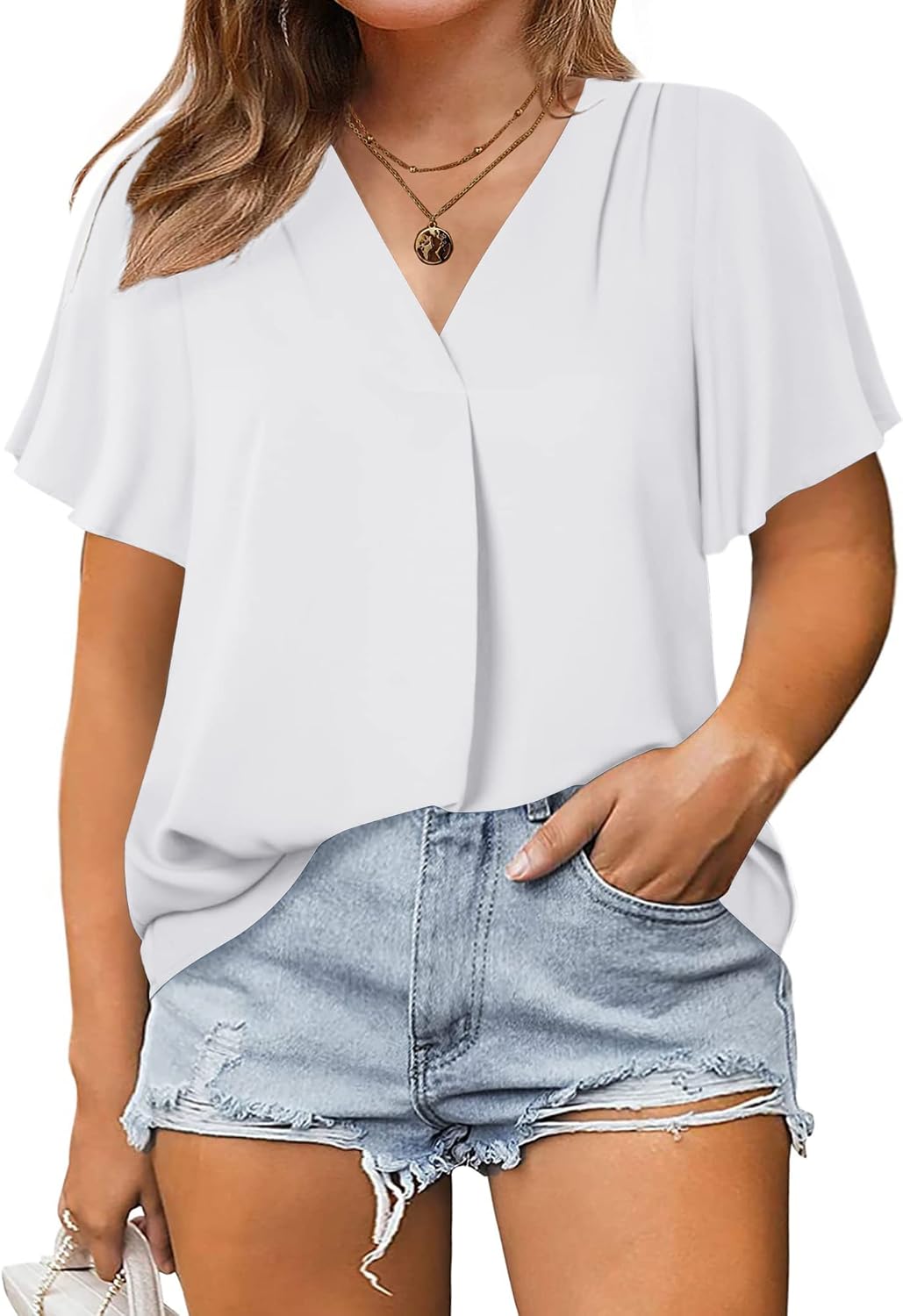 IN'VOLAND Women's Plus Size V Neck Blouse Ruffle Short Sleeve Tunic ...