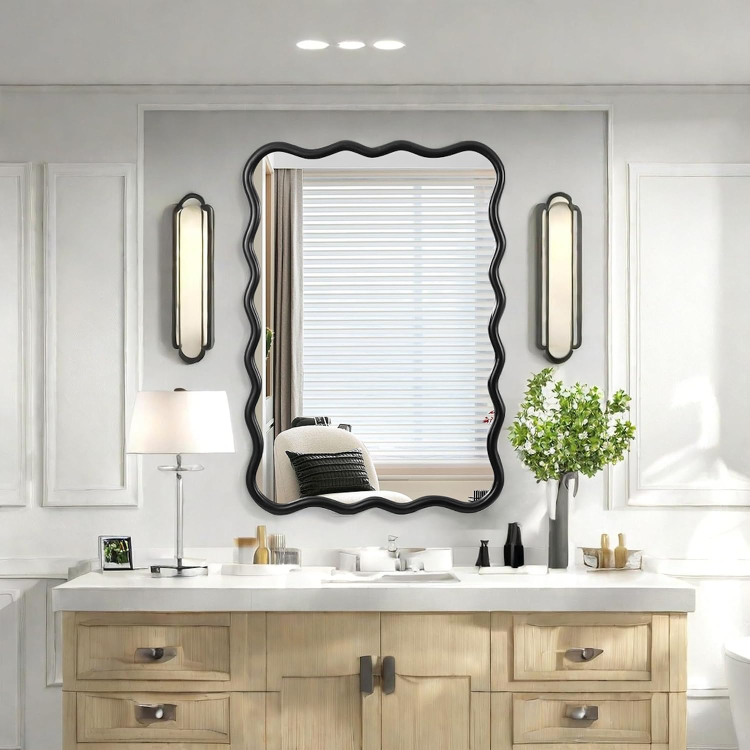 40" x 28" Wavy Mirror, Wall Mounted Modern Decorative Mirror, Rectangle Wooden Frame, Clear Hd Glass for Cloakroom Bedroom, Bathroom, Living Room(Black)
