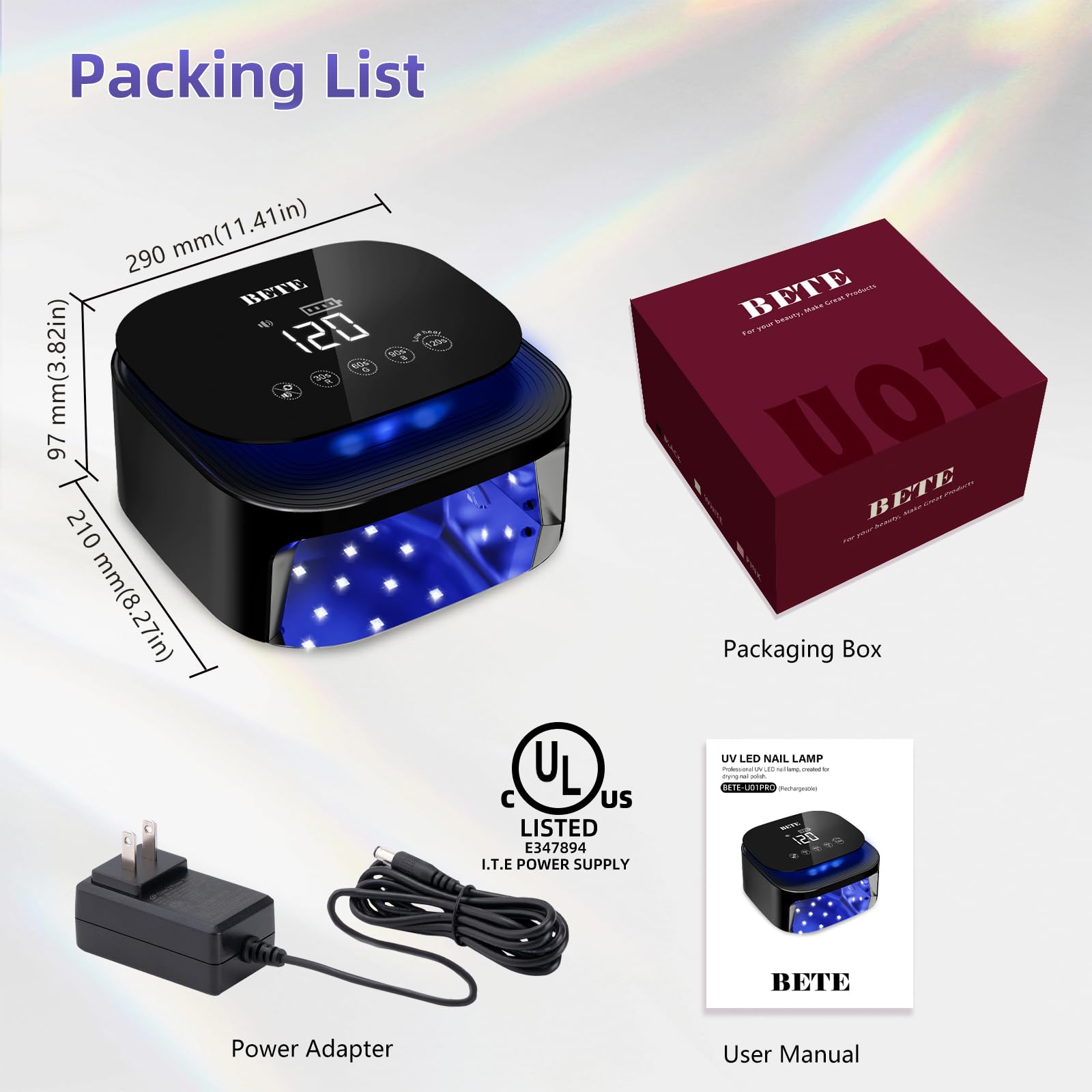 Lampes UV LED sans fil BETE 60W - Séchoir pour vernis gel rechargeable avec capteur automatique, 30 perles et 4 réglages de minuteur portable pour usage domestique/salon Black