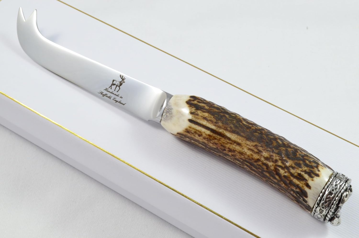 A Genuine Stag Antler Handled Pewter Capped Cheese Knife Made In Sheffield England