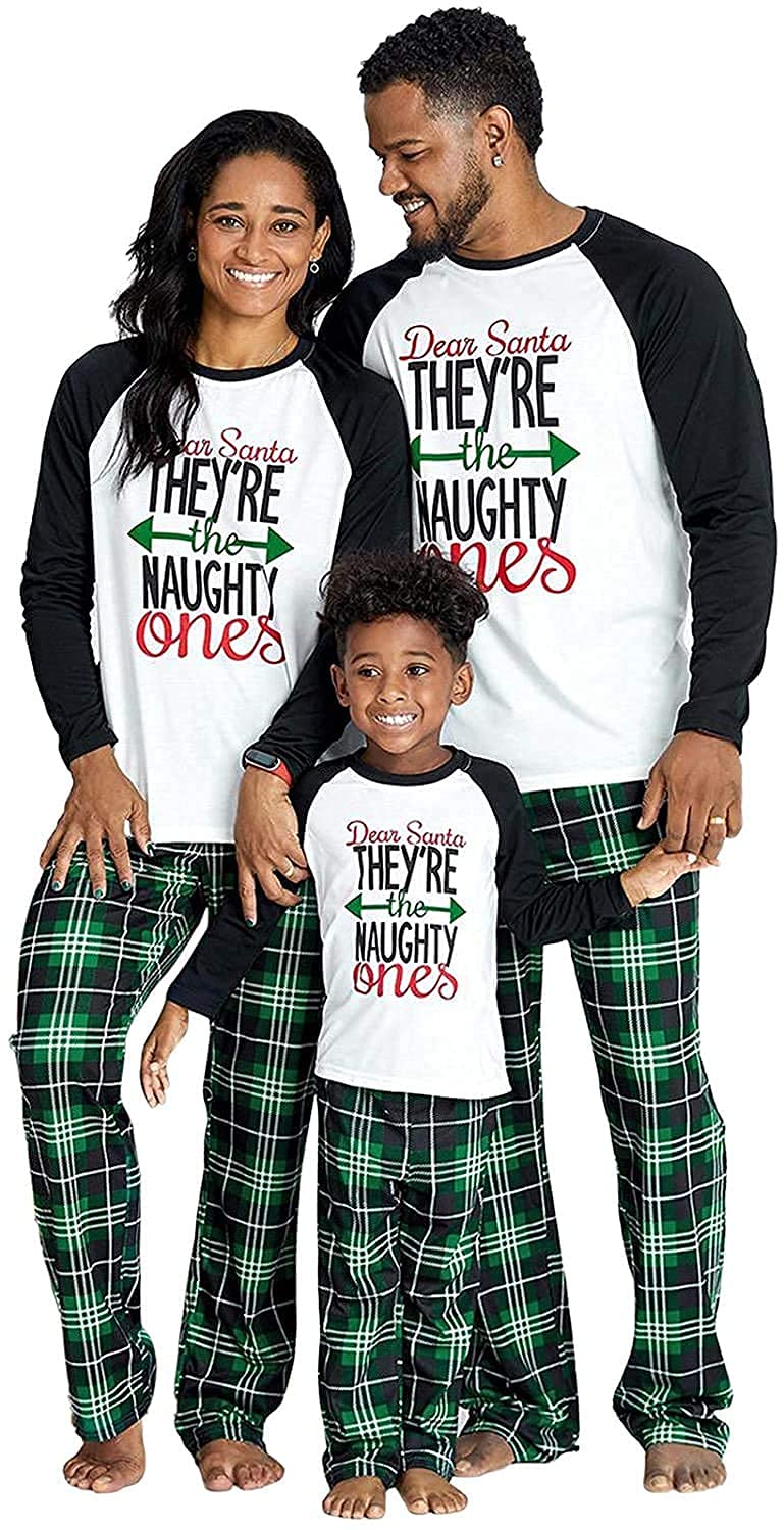 Matching Family Pajamas Sets Christmas PJ's Letter Print Top and Plaid Bottom Sleepwear Jammies