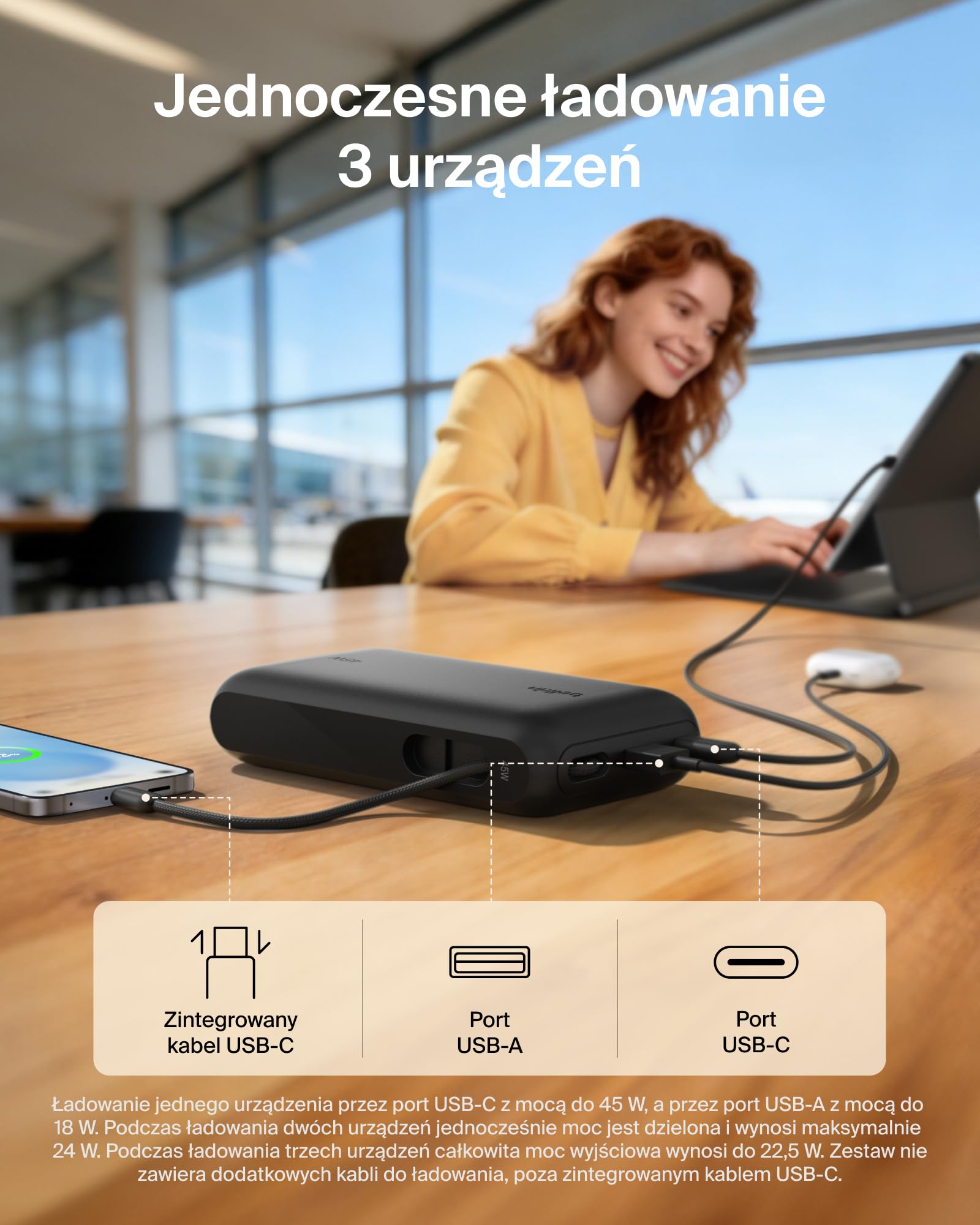 Belkin UltraCharge Powerbank 20 000 mAh, Kabel USB-C, Wyświetlacz – Czarny | Powerbank 20 000 mAh, Ładowanie 3 Urządzeń (1 Port USB-C, 1 Port USB-A, Kabel USB-C), 45 W, Wstępnie Naładowany, Wyświetlacz