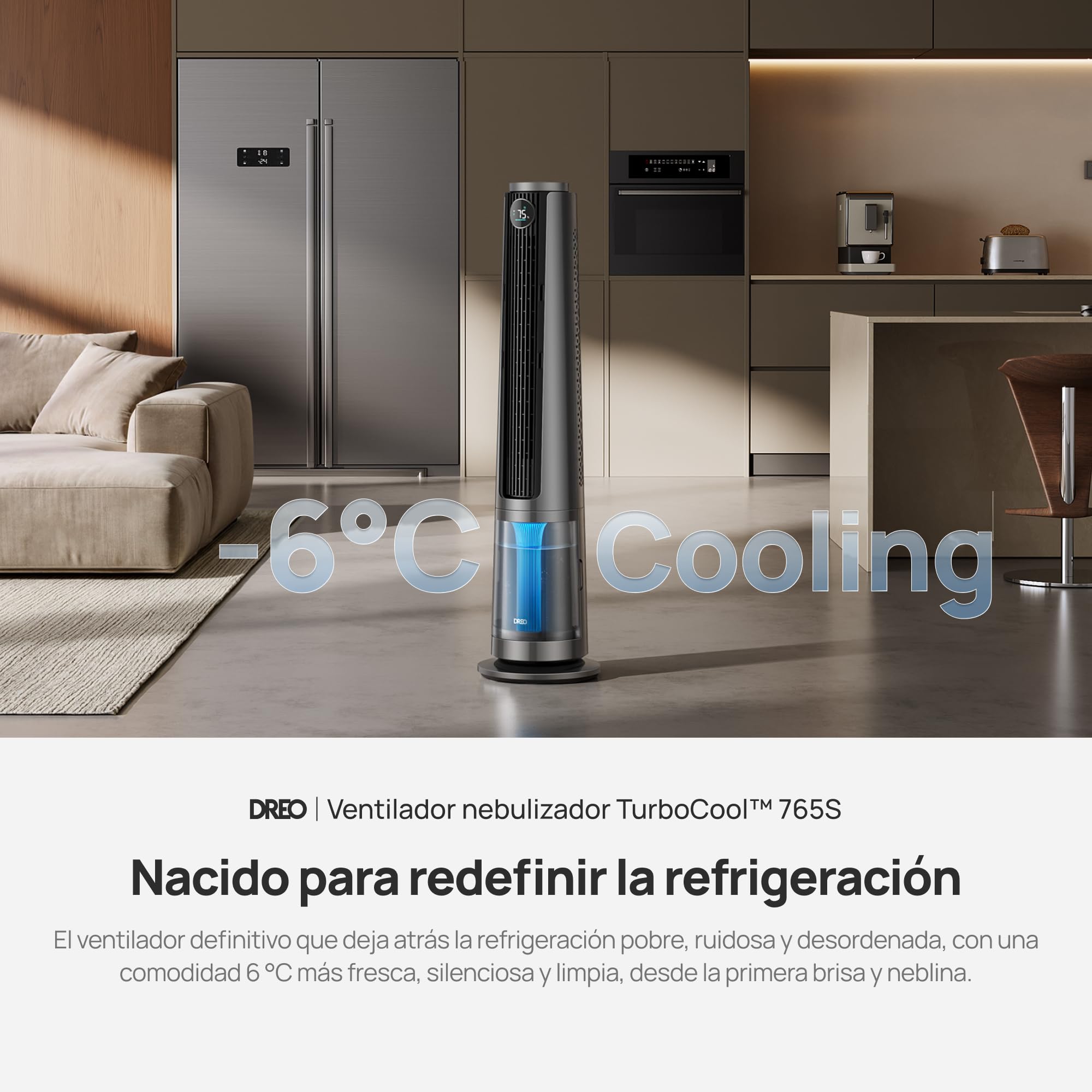 Dreo Ventilador nebulizador TurboCool 765S, ultrasónico 3 en 1 con depósito 6 L, aire frío y flujo rápido 10.4 m/s, motor DC silencioso 20 dB, 12 velocidades, 4 modos y oscilación 90°