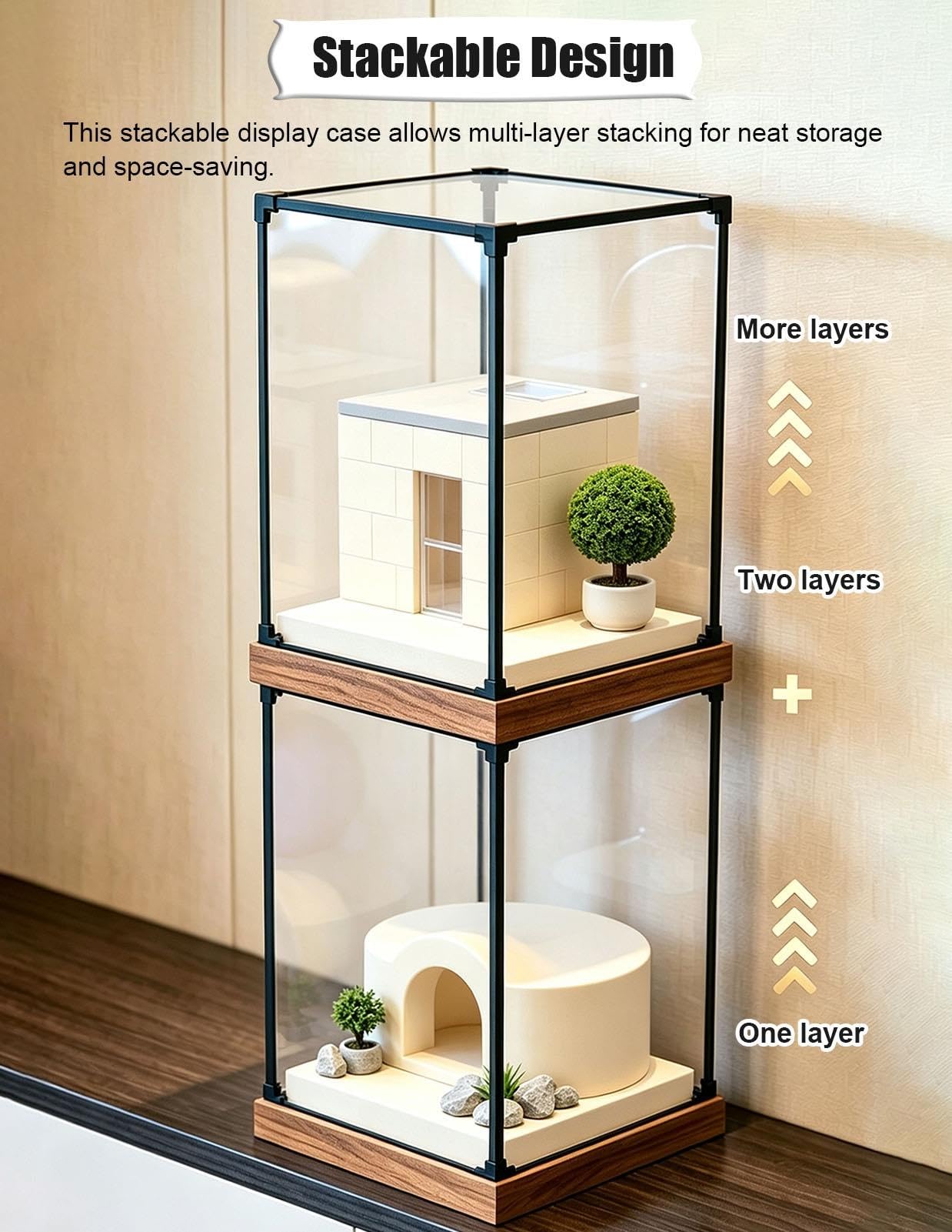 Vitrina Metacrilato Cajas Almacenamiento Transparentes con Base de Madera