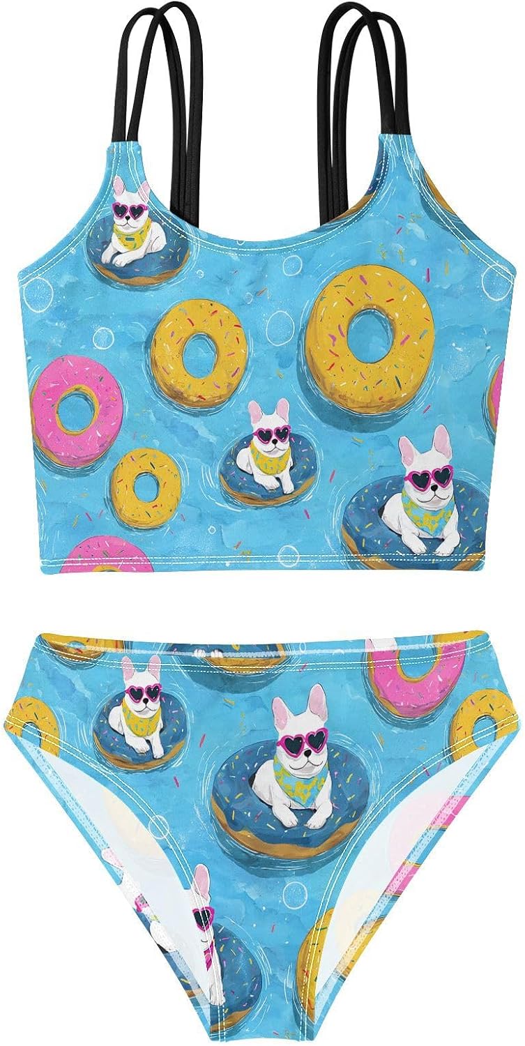 visesunny Girls Two Piece Swimsuits Donut Swim Ring Puppy Girl's Bikini Sets Bathing Suits for Girls Size 5-12Y