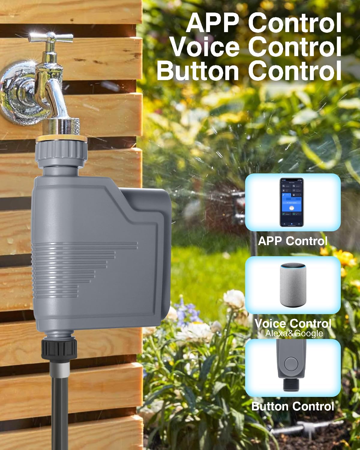 Haozee Smart WiFi Sprinkler Timer with icons for app, voice, and button control
