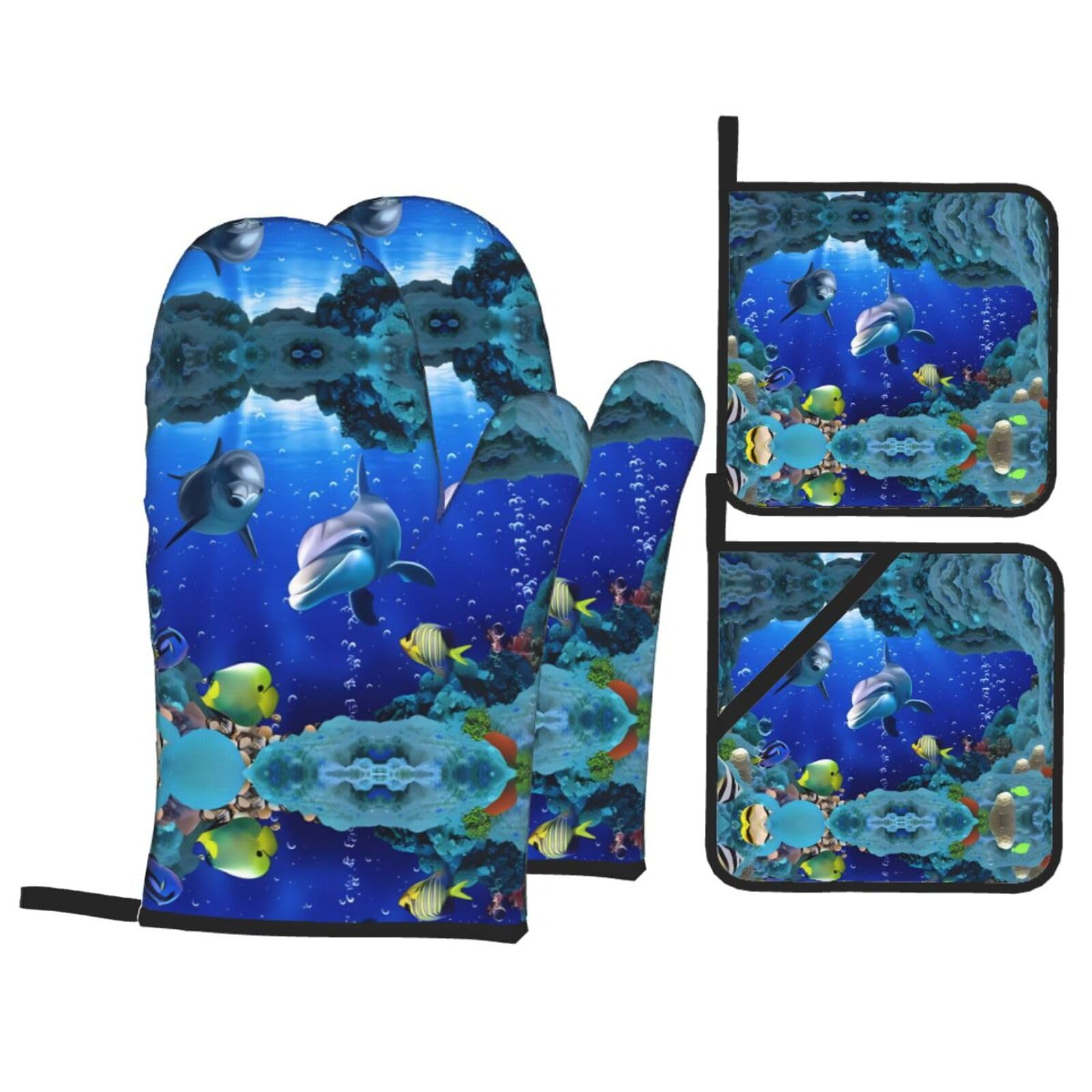 WHJSSF Underwater world fish dolphi Prints Kitchen Baking Set - 4-Piece Heat Protection Layers with Waterproof Potholders for Oven, Grill & Serving