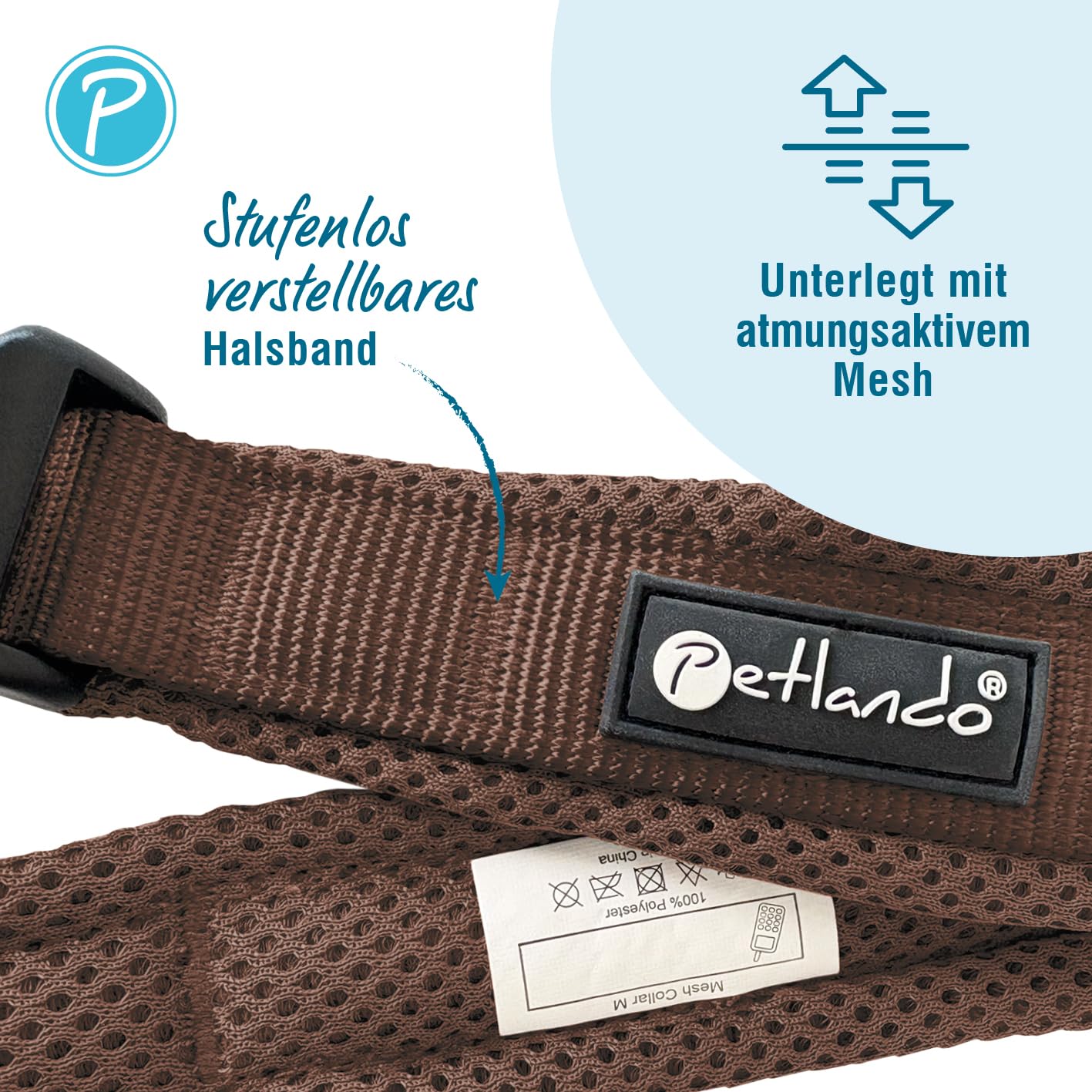Petlando Mesh Hundehalsband – leicht, atmungsaktiv, weich mit Mesh gepolstert, stufenlos verstellbar, robust & strapazierfähig mit O-Ring – Halsband Hund M 45-50cm, Mokka