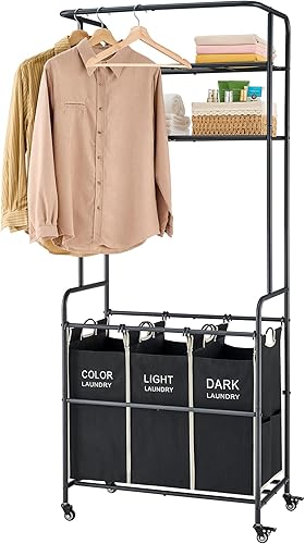 Carrito clasificador de lavandería con estante para colgar, cesta de lavandería de 3 secciones, carrito de mayordomo con estante de 2 niveles,