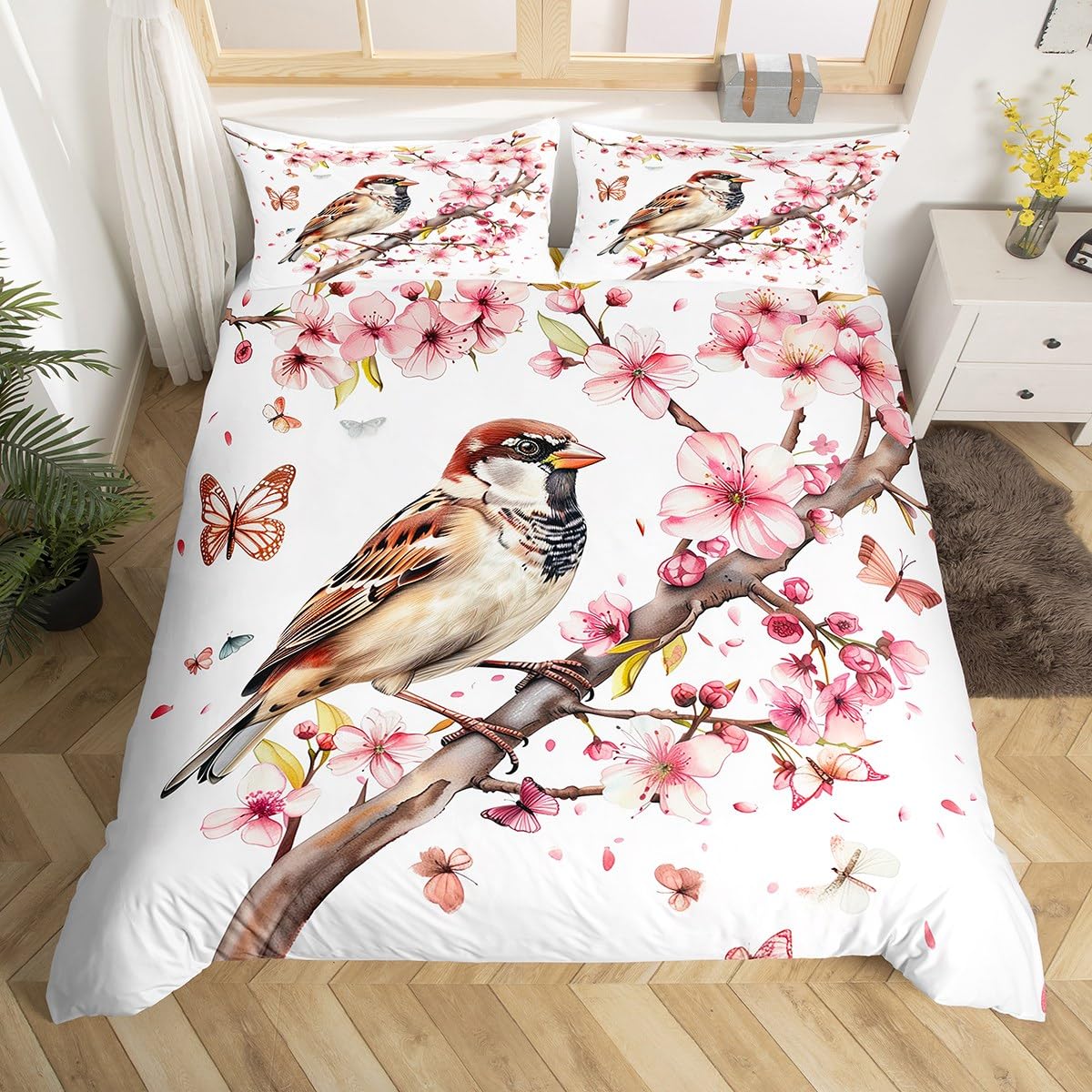 Homemissing Cherry Blossoms Duvet Cover Set Double Size For Kids Girls Butterfly Floral Bedding Set Bird Print Nature Theme Duvet Cover with 2 Pillowcases — image 1