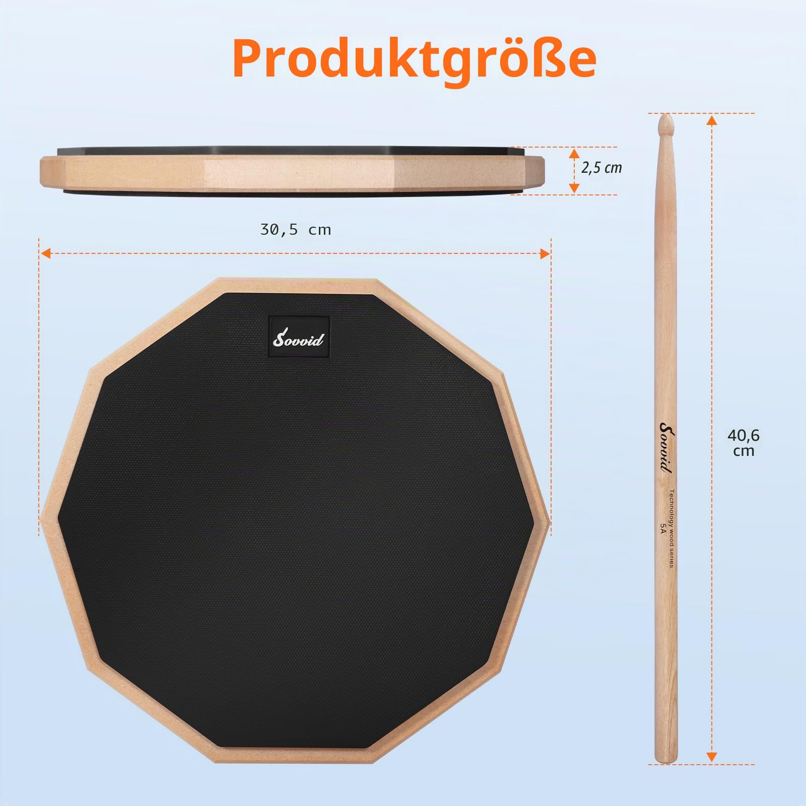 12 Zoll Drum Pad und 5A Drum Sticks, Doppelseitiges Snaredrum-Übungspad für Drummer, Silent Practice Drum Pad mit Aufbewahrungstasche - Schwarz