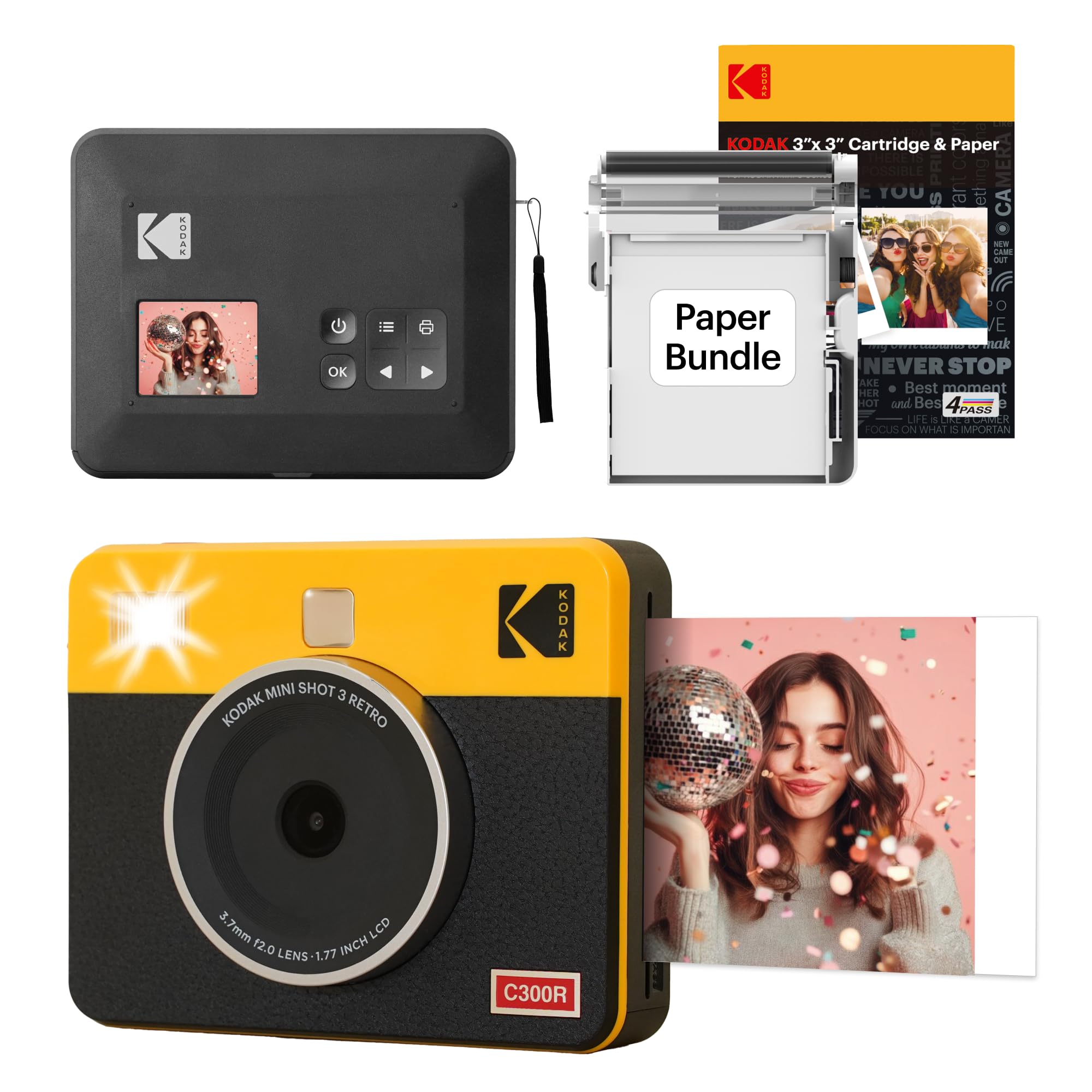 Mini Shot 3 Retro 4PASS 2-in-1 Instant Camera and Photo Printer (3x3 inches) + 68 Sheets Bundle, Yellow