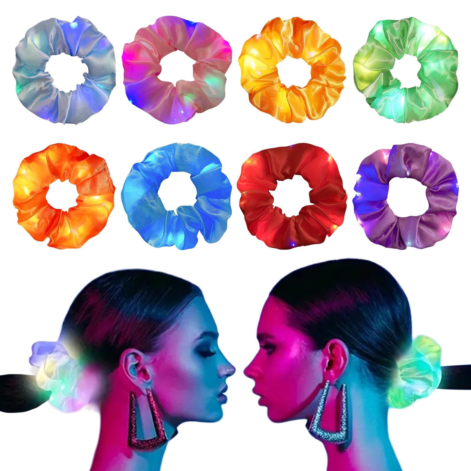 POHOVE 8Pcs LED Scrunchies, 3 Light Modes, Glow in the Dark, Light Up Hair Ties, Women Girls Christmas Party Supplies