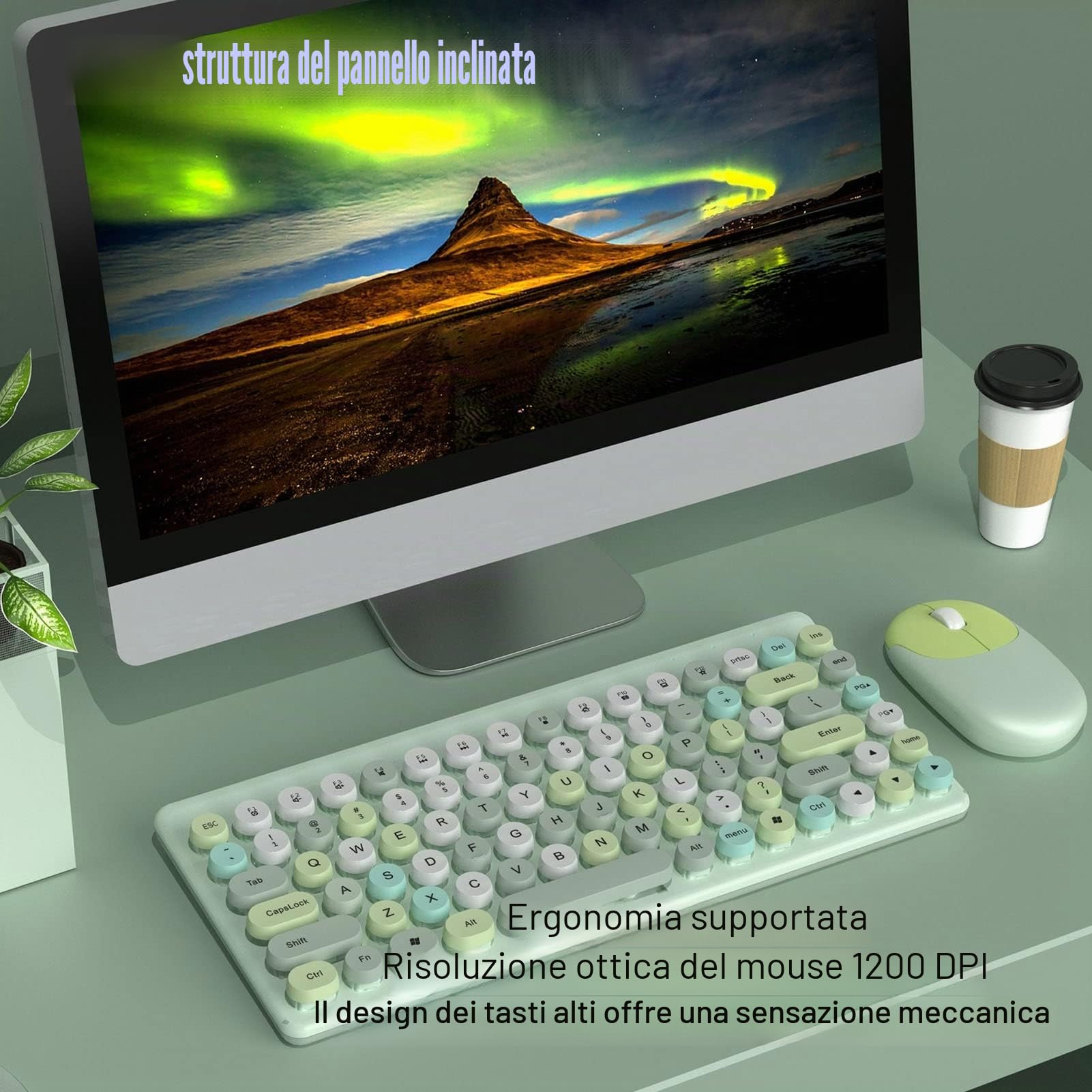 Jectse Tastiera e Mouse Wireless 2,4 GHz - Combo Ergonomico Con Tastiera Retrò Per Macchina Da Scrivere e Mouse 1200 DPI - Per Computer (Verde)