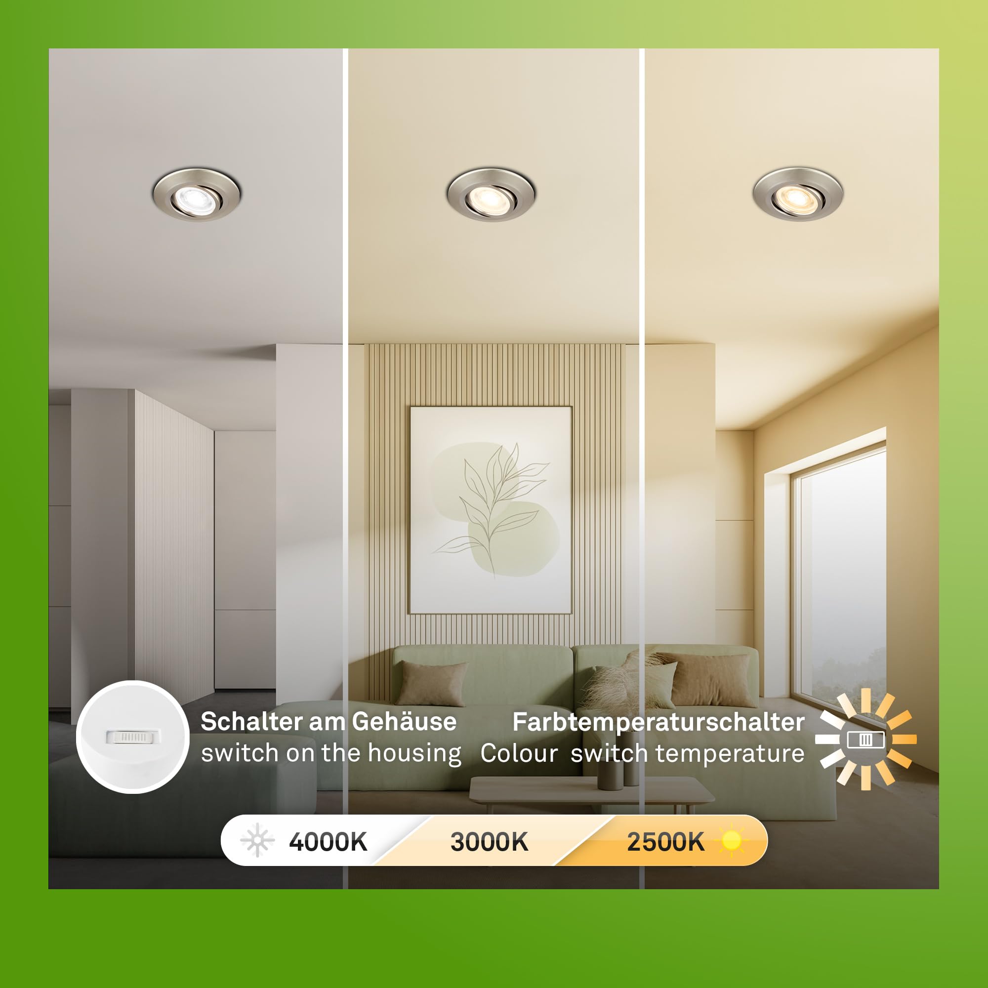 BRILONER - Set di 3 faretti LED da incasso 230V alloggiamento 50% riciclato, orientabile, Ra90, cambio temperatura colore, spot LED, piatto, 68mm, 90x24mm (DxH), nichel opaco